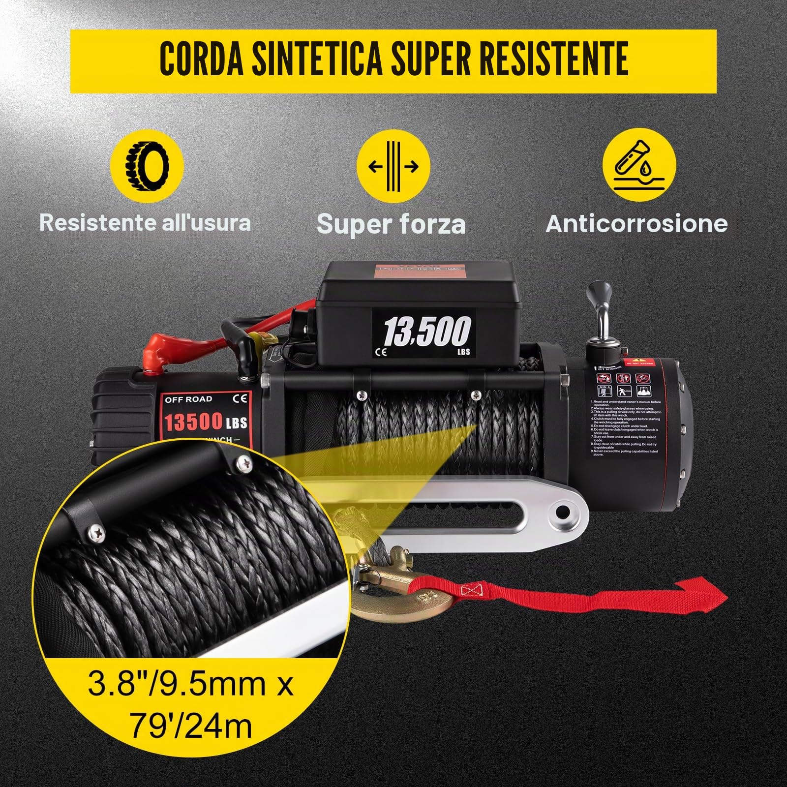 Verricello elettrico per auto 12V 13500 lb / 6123 kg, argano elettrico con fune in acciaio 9,5 mm x 24 m, sollevatore elettrico traino per ATV UTV fuoristrada