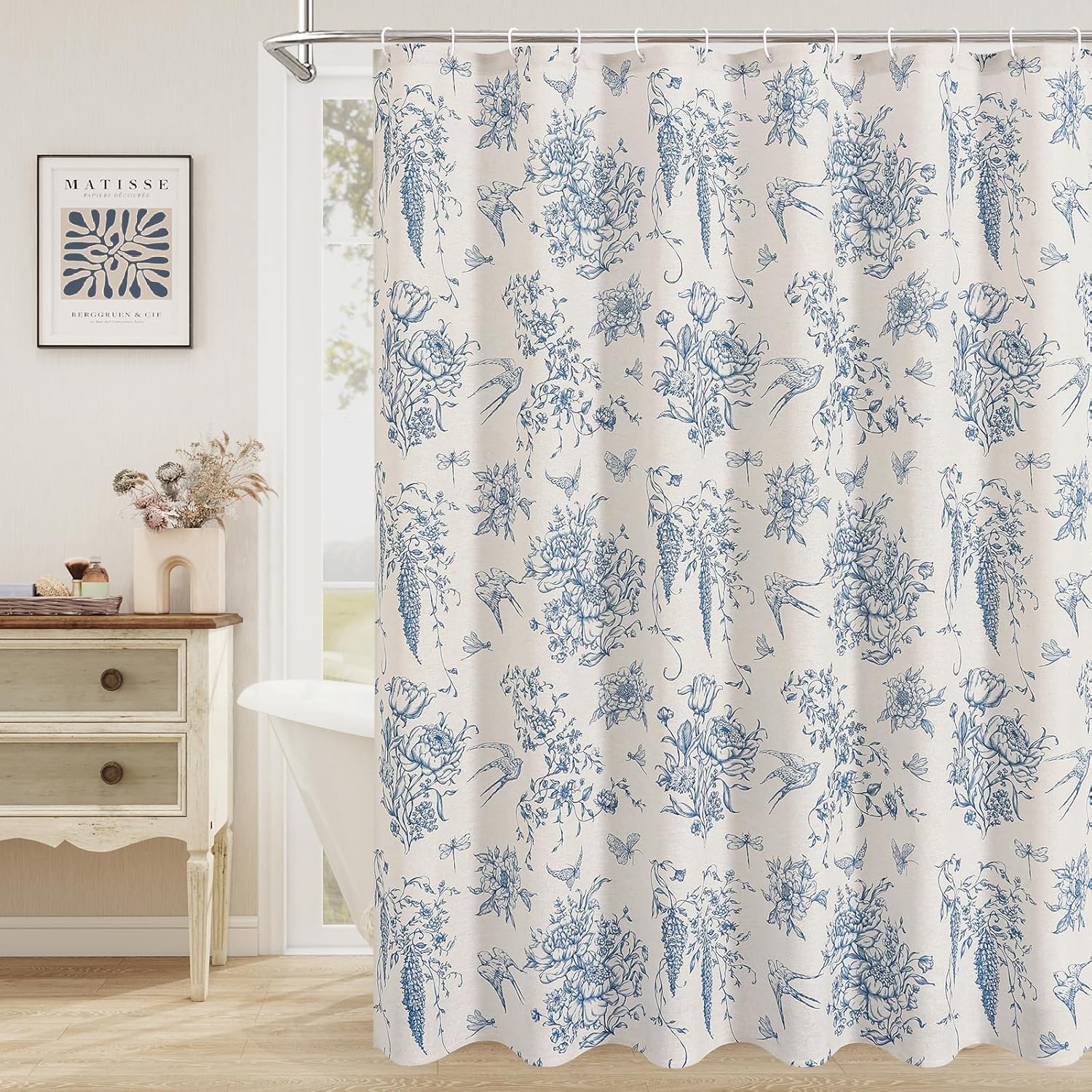 MitoVilla Blue Farmhouse Shower Curtain Set, Cotton Floral Swallow Cottagecore Shower Curtains for Bathroom, Modern French Country Burrerfly Flower Bathroom Décor, 72" W x 72" L