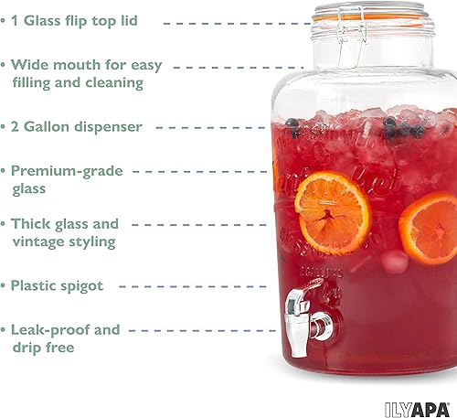 Miniatura 7 de Ilyapa Dispensador de Bebidas de Vidrio de 2 Galones - Dispensador de Bebidas de Frasco Mason de Boca Ancha - con Tapa Superior Abatible de Vidrio