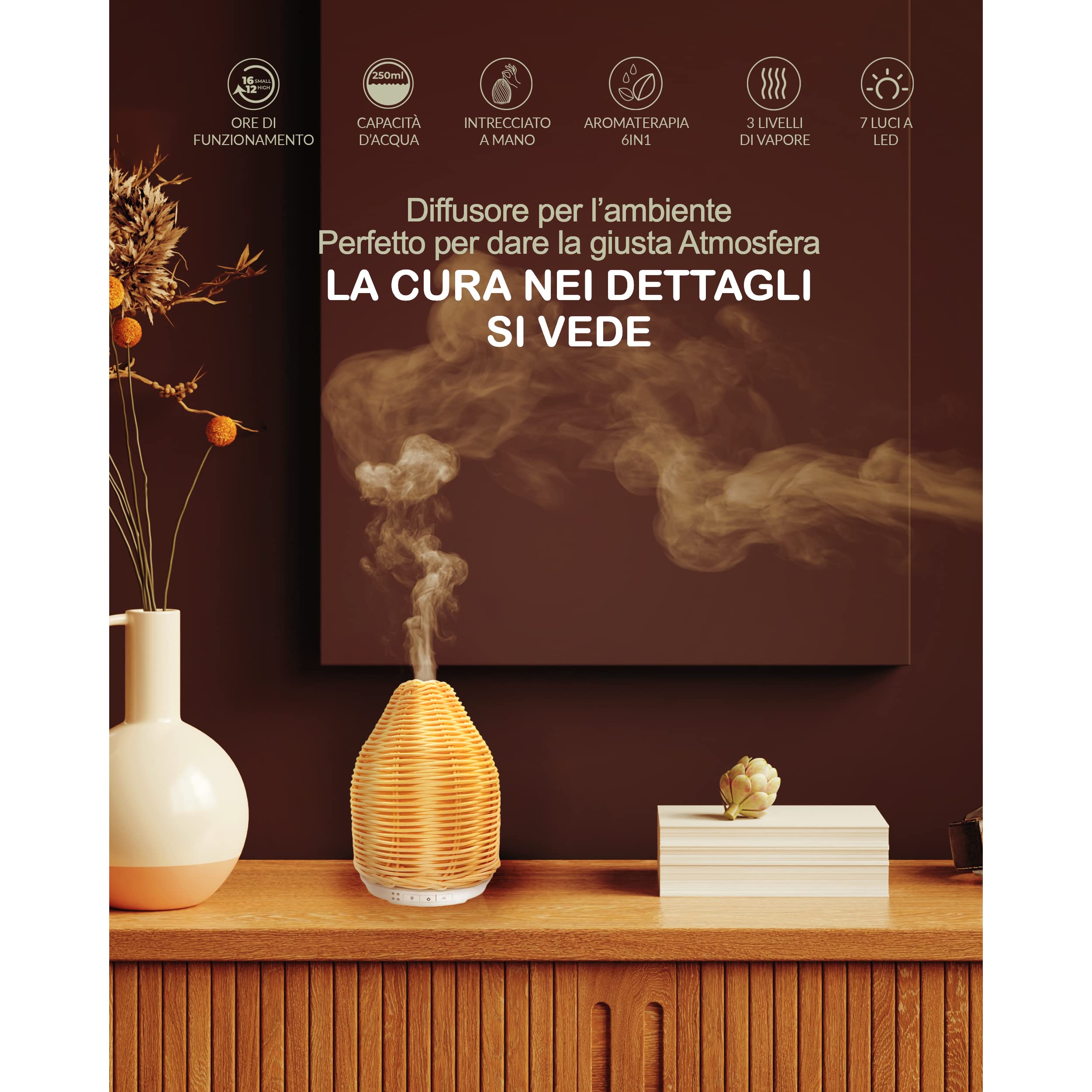Umidificatore Ambiente Bambini,Rattan di Bambù Diffusore di Oli Essenziali,Umidificatore Ultrasuoni Auto Spegnimento,Super Silenzioso,LED 7 Colori,Notturna Per Camera da Letto, Ufficio-SODY