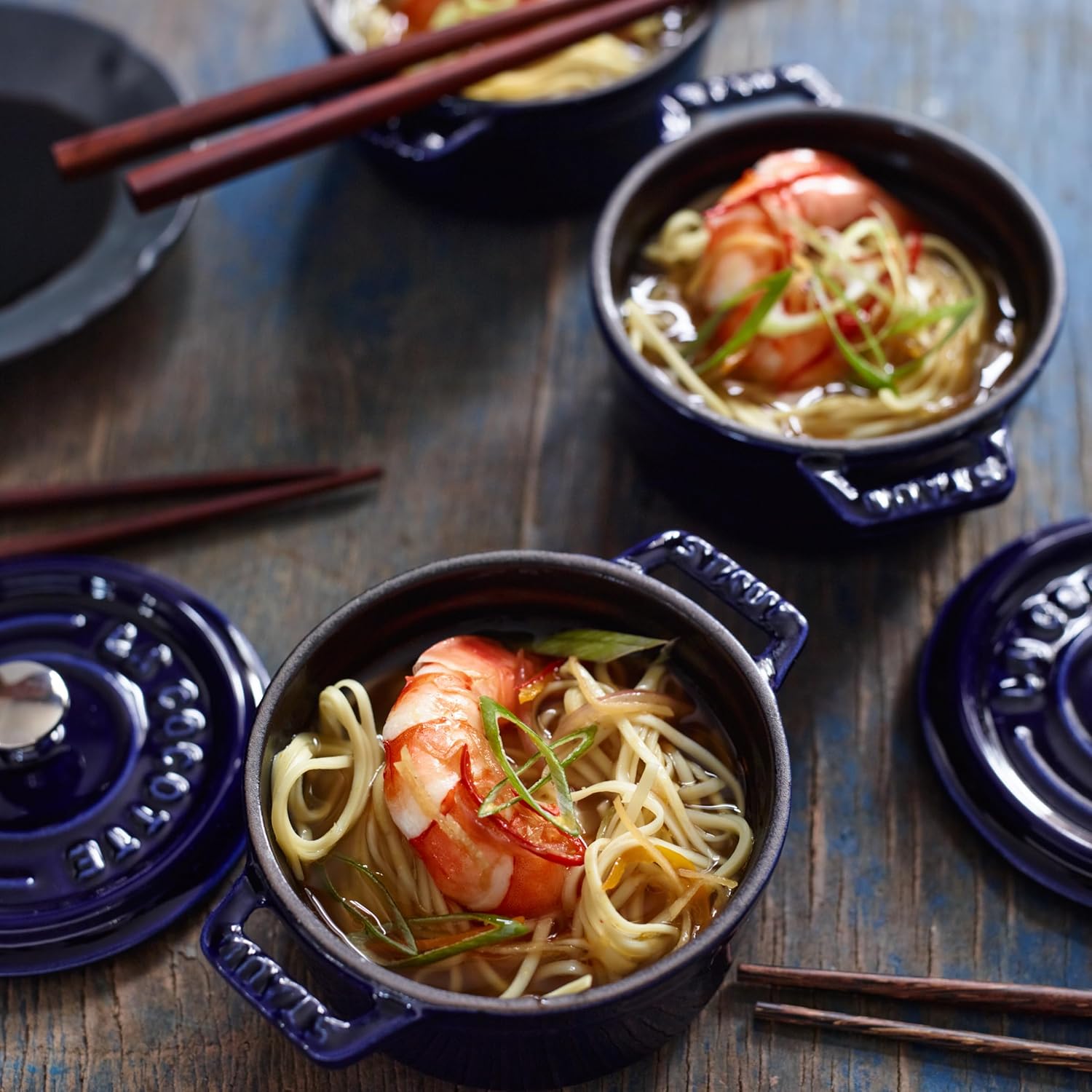 STAUB Ceramic Dutch Oven 3-piece Mini Round Cocotte, Dark Blue