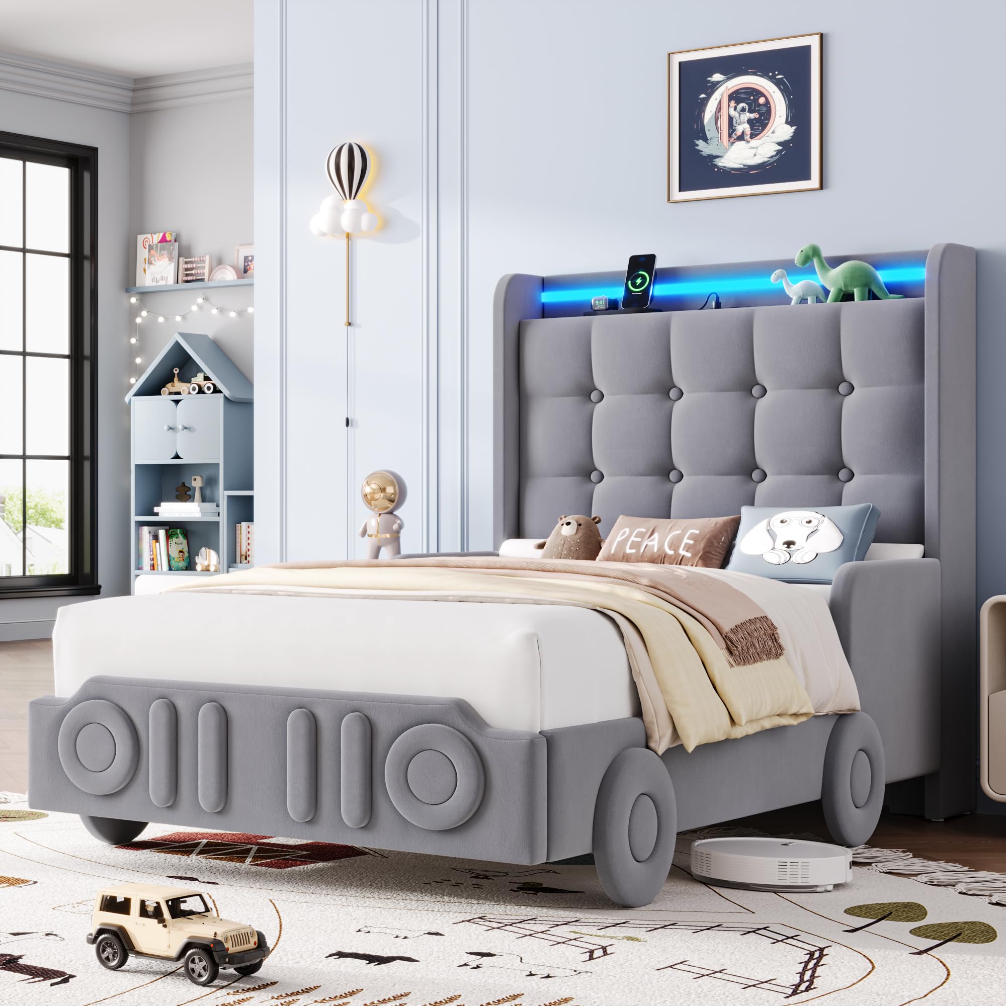 Keyluv Twin Car Bed Frame with LED Lights and Charging Station, Upholstered Platform Bed with Button Tufted Headboard and Wheels, No Box Spring Needed, Noise-Free, Easy Assembly, Velvet Grey