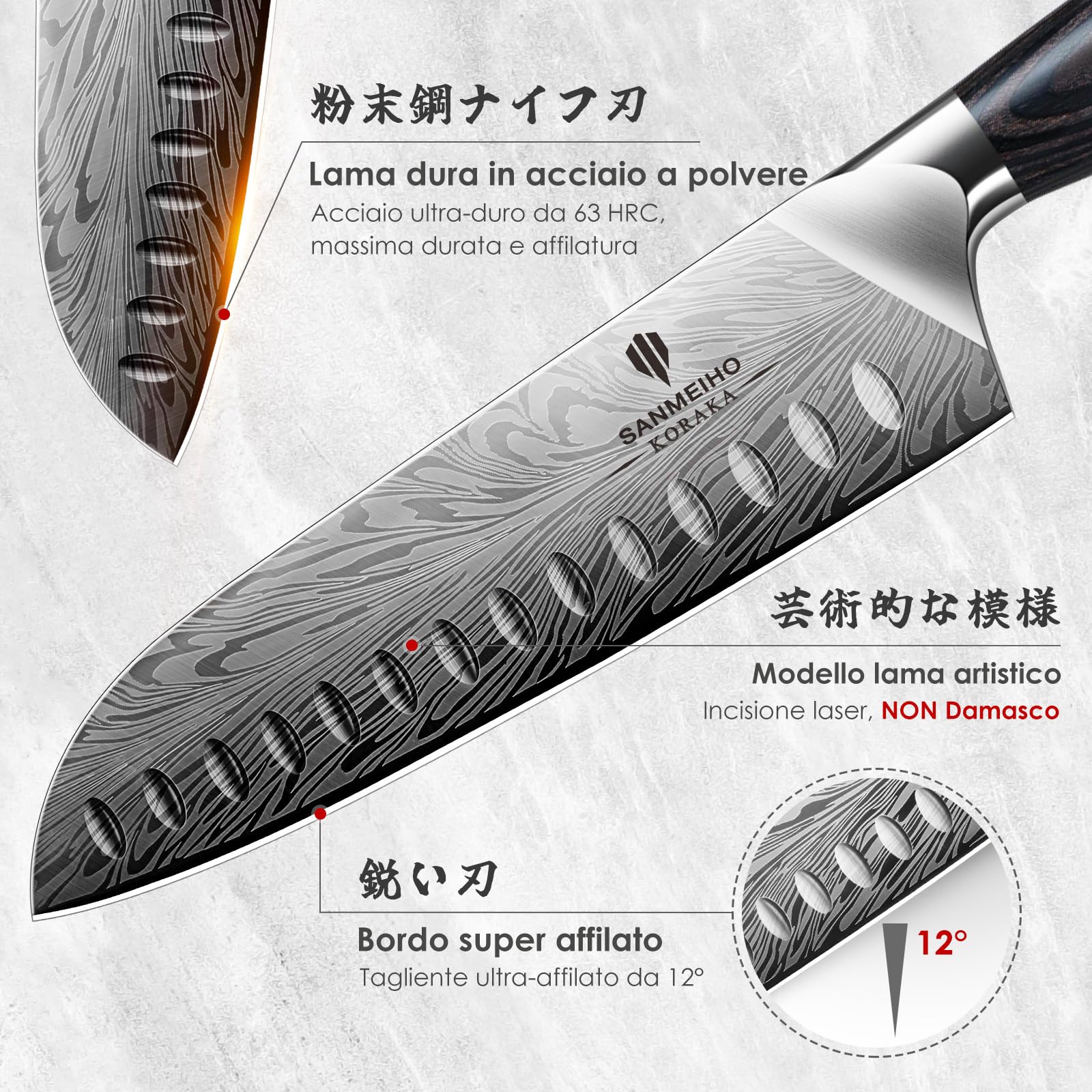 SANMEIHO Coltelli da Cucina in Acciaio a Polvere, Coltello Giapponese Santoku 20 cm Ultra Affilati Coltello da Chef Multiuso Professionale ad alto Tenore di Carbonio con Manico Ergonomica in Pakkawood