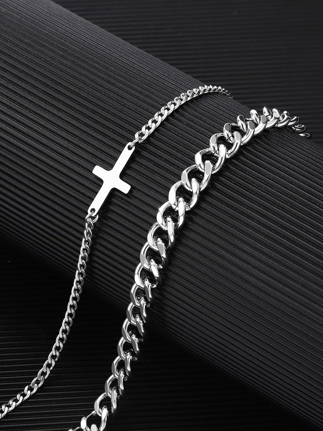Personalized Master Stainless Steel Mens Cross Chain Bracelet, Adjustable Sturdy Silver Cuban Rolo Cable Figaro Bracelet Set for Men, 2-5Pcs - Image 5