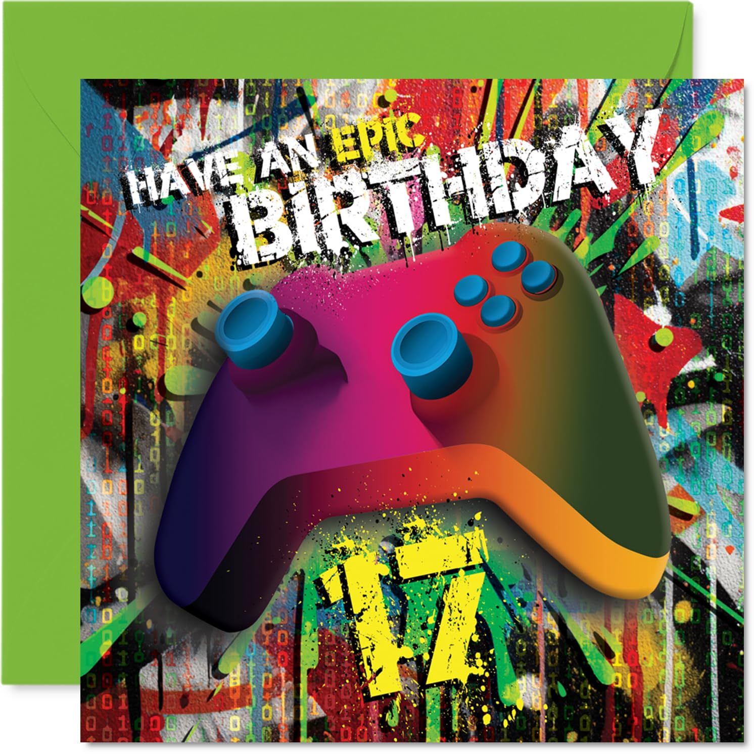 Playful 17th Birthday Card - Level Up the Fun - Vibrant Gaming Controller with Graffiti-style Background - Bursting with Epic Birthday Energy - 145mm Square, Envelope Included
