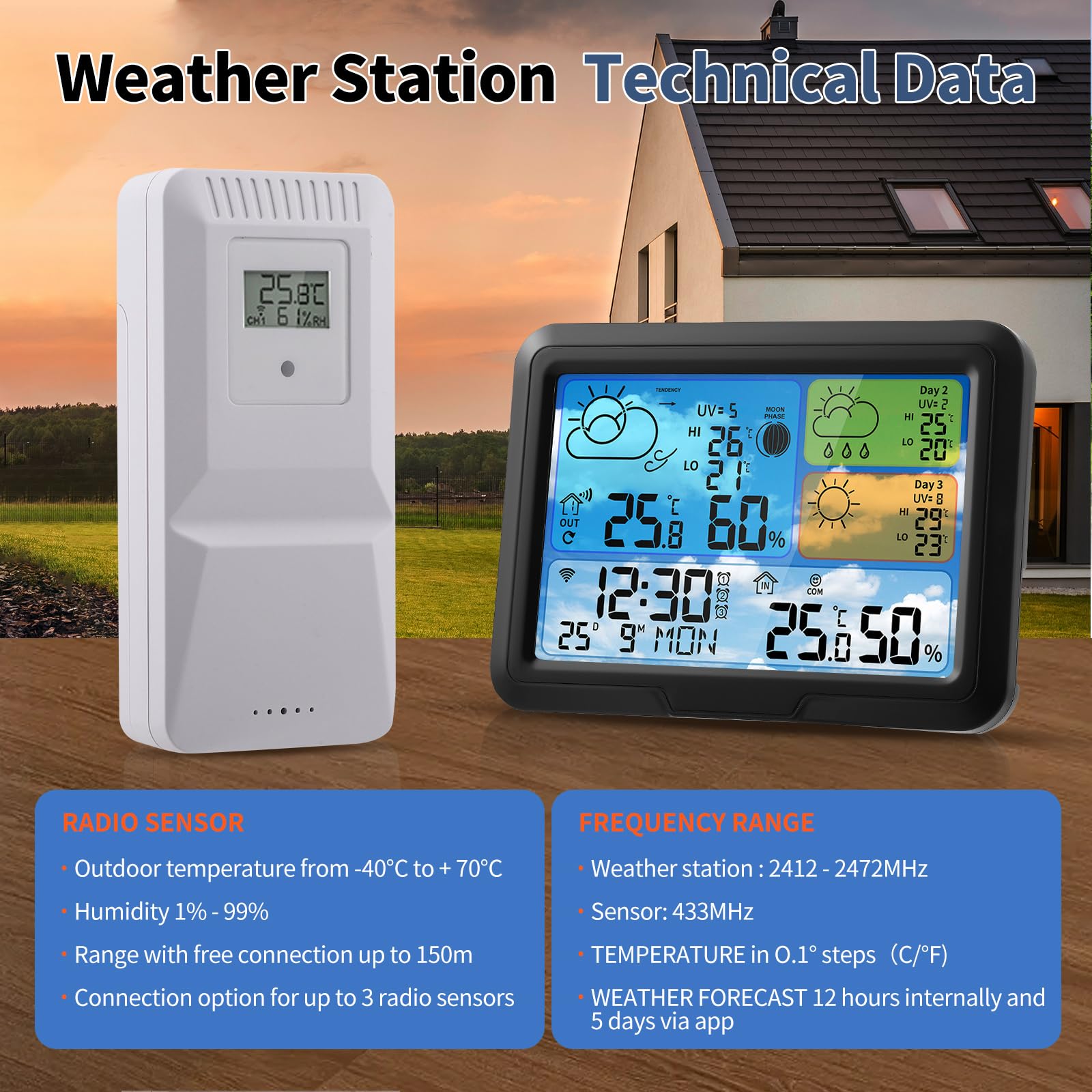 Stazione Meteo Wi-Fi con Sensore Esterno Tuya Smartlife Allarme Sveglia Schermo LCD Colorato Previsioni Meteorologiche Wireless Bianco