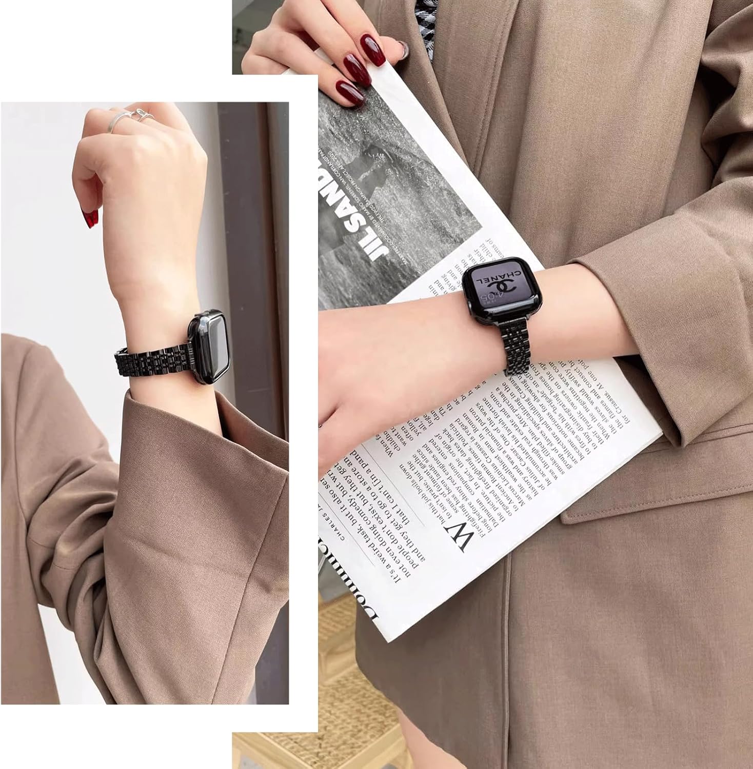 Slim Metal Band Compatible with Apple Watch Bands for Women, Series 11/10/9/8/7/6/5/4/3/2/1/SE, 46mm (S11/10), 45/44/42mm,Stainless Steel Bracelet, Black/Silver - Image 2