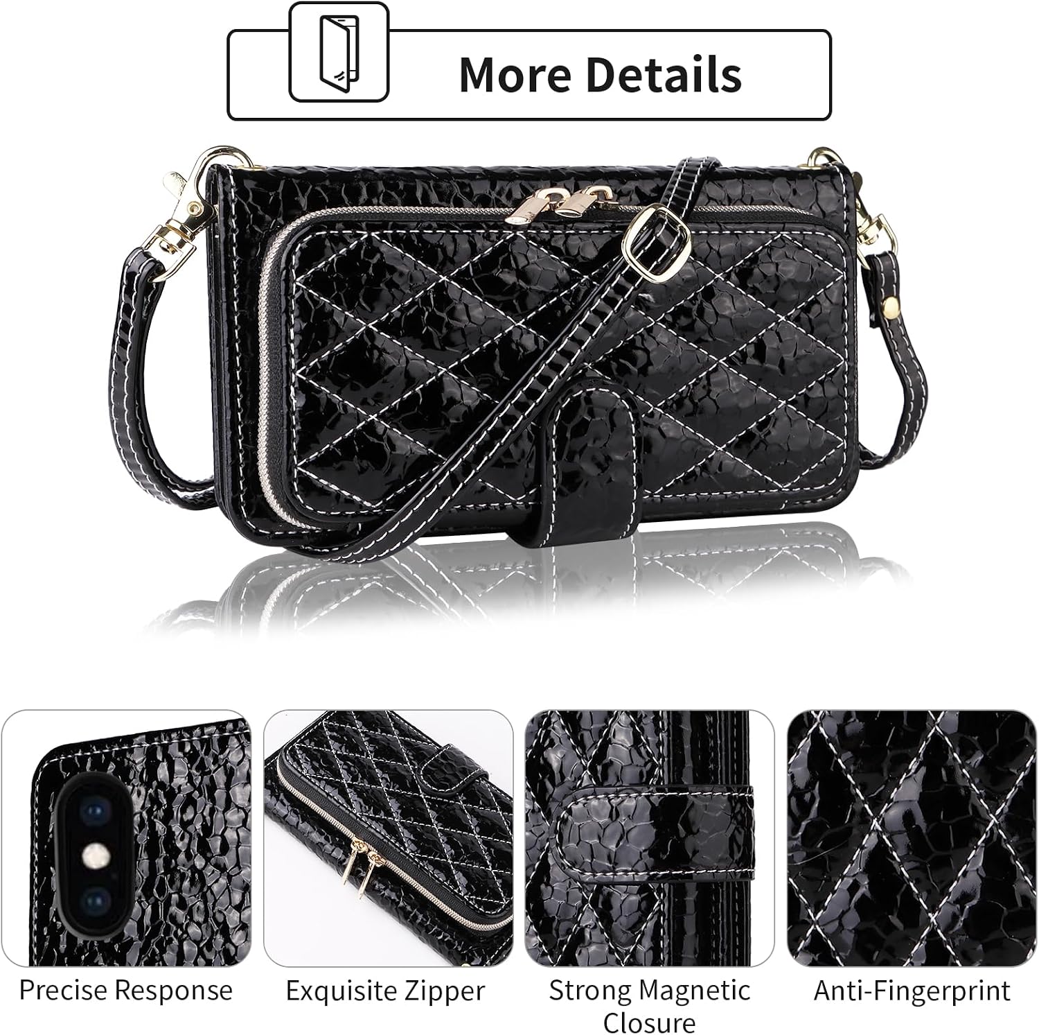 Argyle Wallet Case for iPhone Xs X 10 10s with Crossbody/Wrist Strap Luxury PU Leather Zipper Purse Shockproof Cell Phone Cover for iPhoneX iPhoneXs iPhone10 i PhoneX SX 10x 10xs X抯 Black image 4