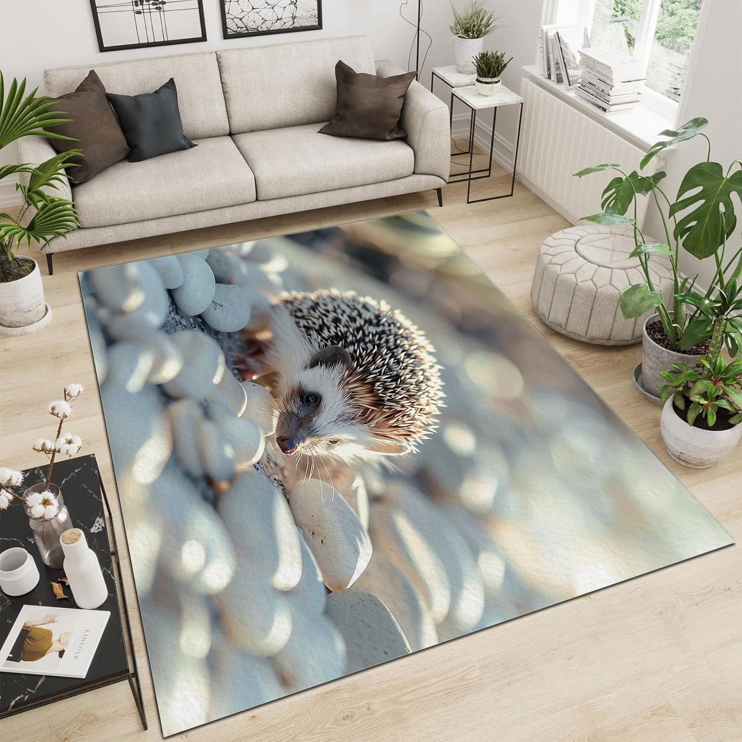 Animal Print Hedgehog Washable Area Rug, Anti Slip Area Rug Fluffy Flannel Floor Durable Carpet, for Bedroom Living Children's Room Runner 2 x 3 ft