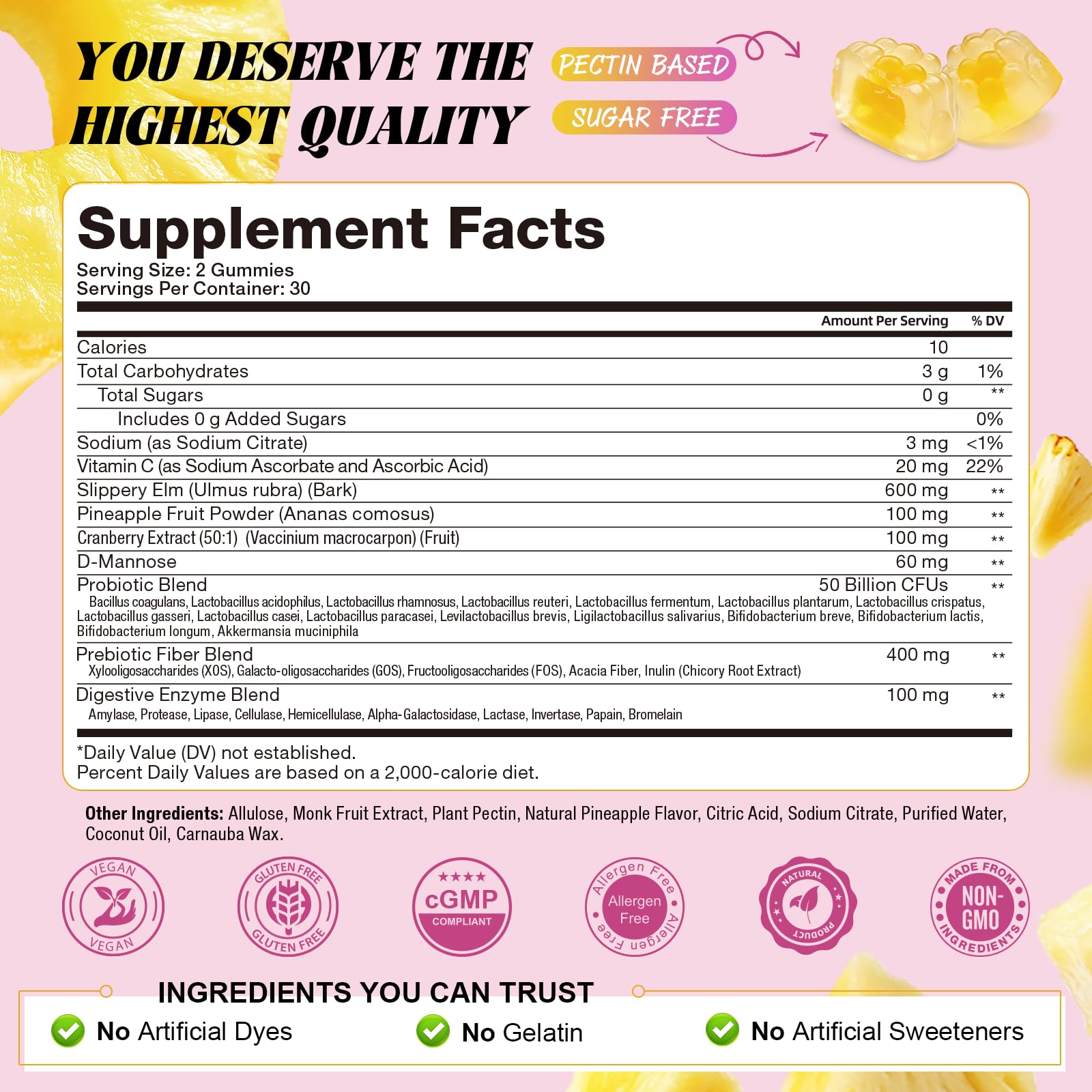 Totaria 9-in-1 Sugar Free Feminine Probiotics Gummies - Vaginal Flora & pH Balance, 50 Billion CFU with Prebiotic, Slippery Elm, Cranberry, for Vaginal, Urinary Tract & Gut, Hawaiian Pineapple, 60 Ct — Amazon image 2