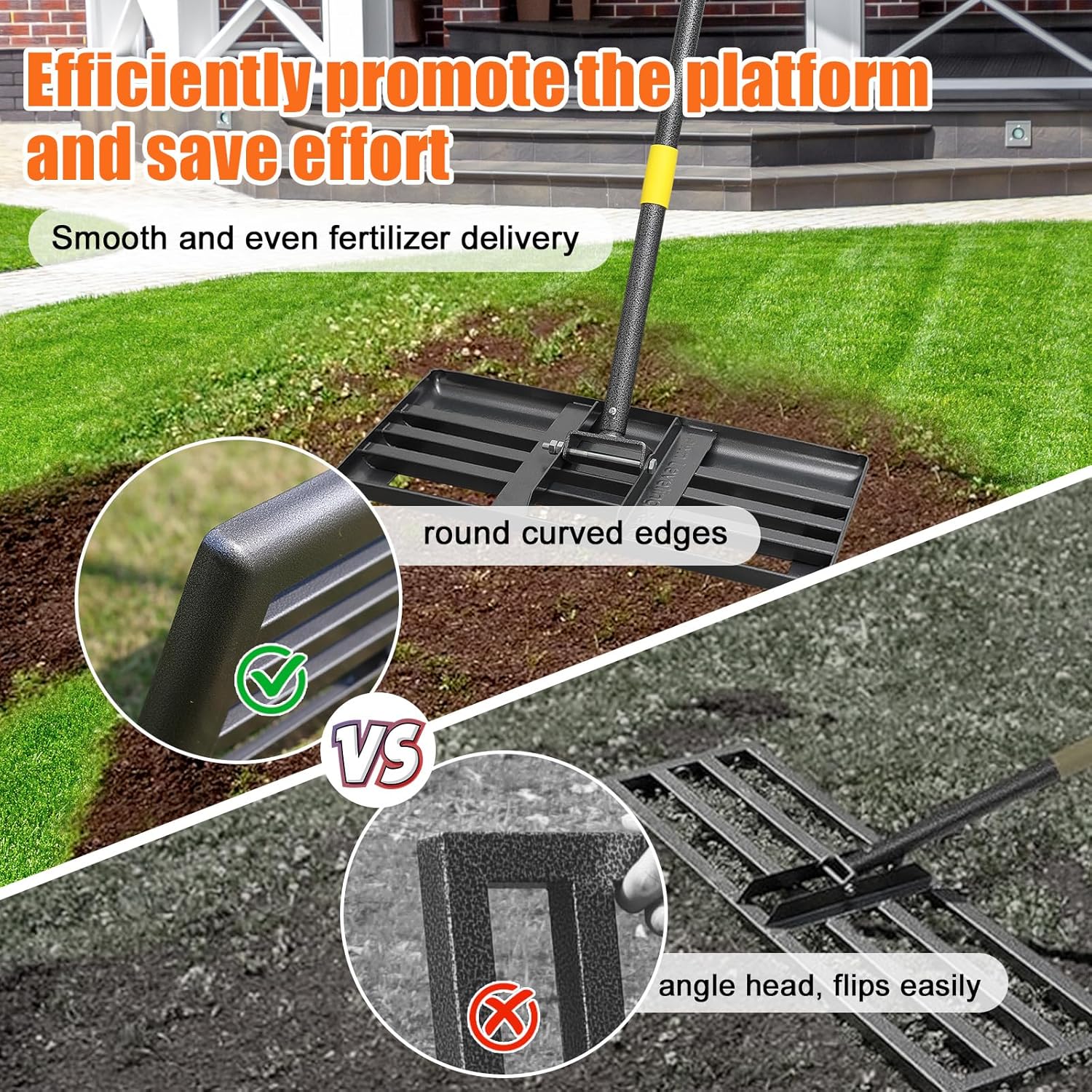 Lawn Leveling Rake, 72 Inch Adjustable Long Handle Leveling Rake, Black Heavy Duty & 1 Inch Diameter Stainless Steel Handle Lawn Rakes, Lawn Leveler Tool for Soil Grass Golf Field Yard