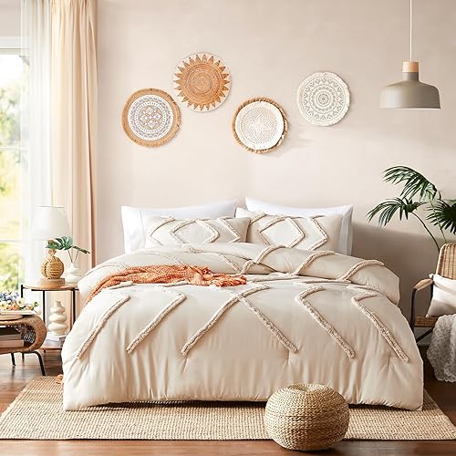 Juego de edredón tamaño Queen, juego de edredón negro copetudo para cama Queen, edredón bohemio de 3 piezas, edredón suave y esponjoso con 2 fundas