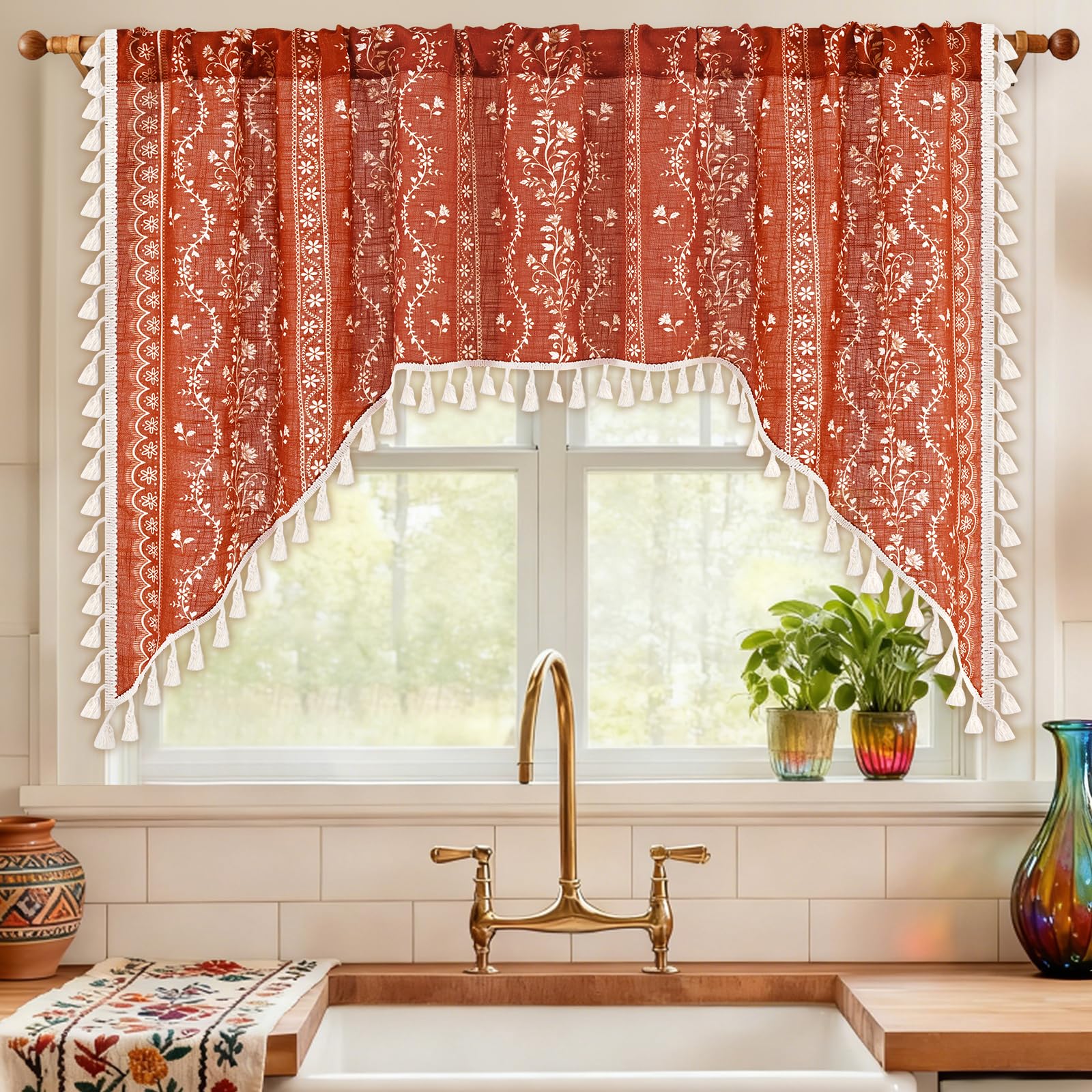 Yinhua Boho Swag Valance Curtains Vintage Linen Valances for Windows Light Filtering Floral Kitchen Valance Rod Pocket Farmhouse Tassel Window Valances for Bathroom Cafe, 60" W x 36" L, Terracotta