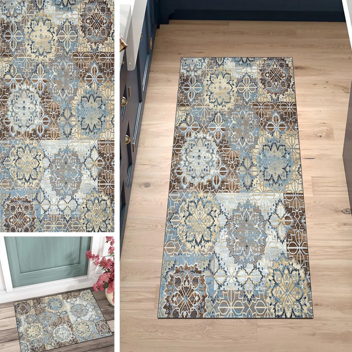 Alfombra de cocina vintage azul y beis lavable para pasillos largos de hogar