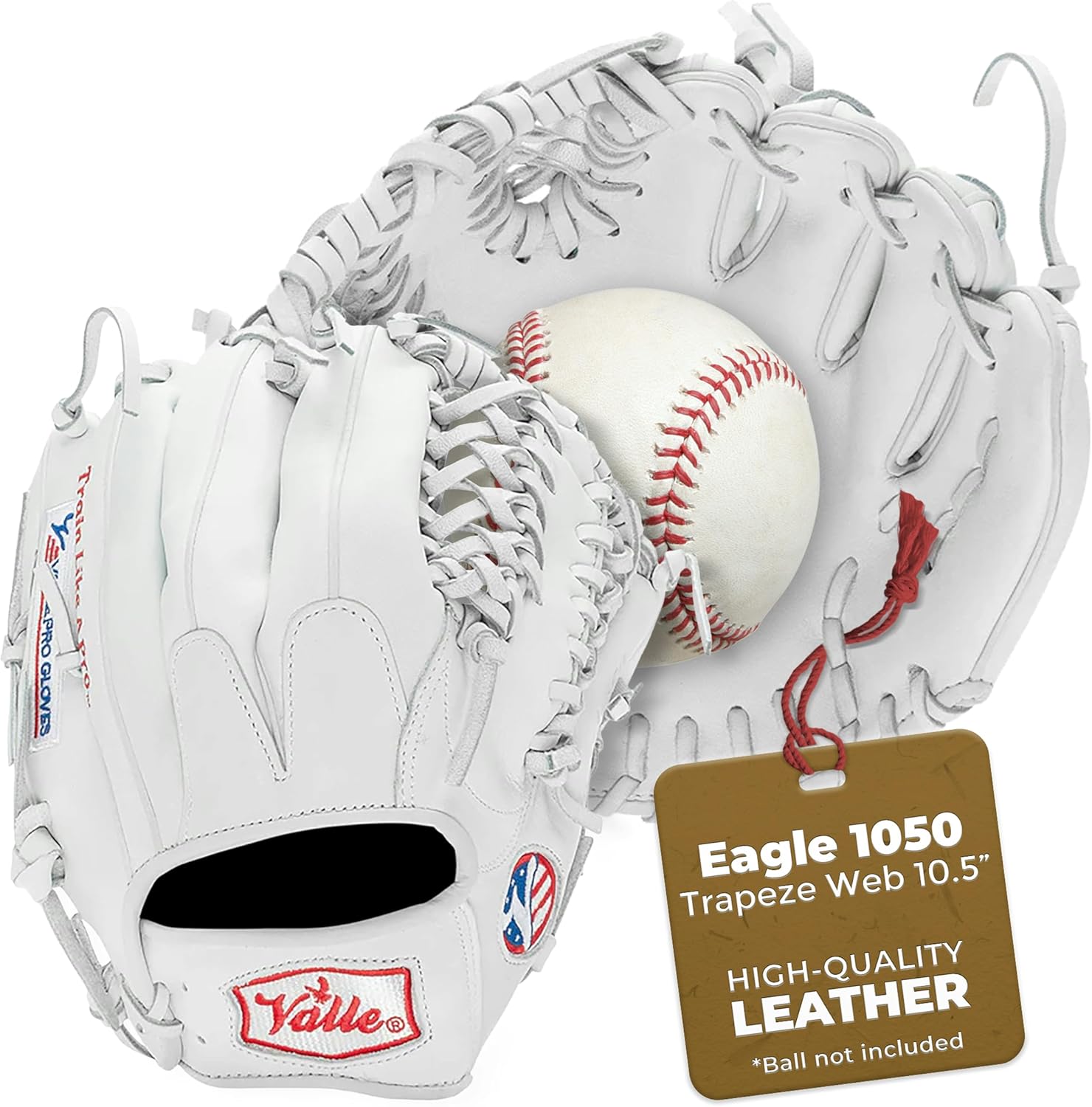 Valle Eagle 1050 Trapeze Web Baseball & Softball Outfield Training Glove for Left or Right Hand Throw - Sure Catch Leather Mitt for Adult Men & Women, Advanced Gear for Outfielders - White, 10.5”