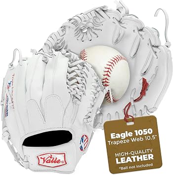 Valle Eagle 1050 Trapeze Web Baseball & Softball Outfield Training Glove for Left or Right Hand Throw - Sure Catch Leather Mitt for Adult Men & Women, Advanced Gear for Outfielders - White, 10.5