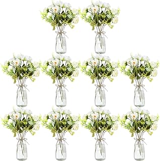 30 Pack Artificial Flowers with Vase Bulk, 20 Bundles Silk Floral Bouquet 10 Clear Vase with 1 Pcs Rope, Mason Jar Table Centerpiece Arrangement Wedding Party Decor(Dahlia,White)