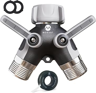 Morvat Heavy Duty Metal & PVC Covered 2 Way Y Splitter Garden Hose Connector with Comfort Grip Shut Off Valves, Adapter for Water Tap, Outlet, Spigot, Includes 2 Extra Rubber Washers & Teflon Tape