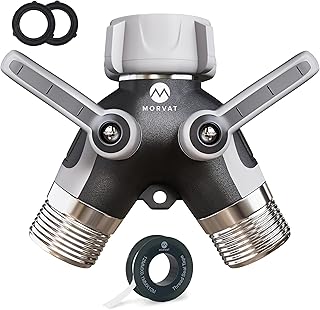 Morvat Heavy Duty Metal & PVC Covered 2 Way Y Splitter Garden Hose Connector with Comfort Grip Shut Off Valves, Adapter for Water Tap, Outlet, & Spigot, Includes 2 Extra Rubber Washers & Teflon Tape
