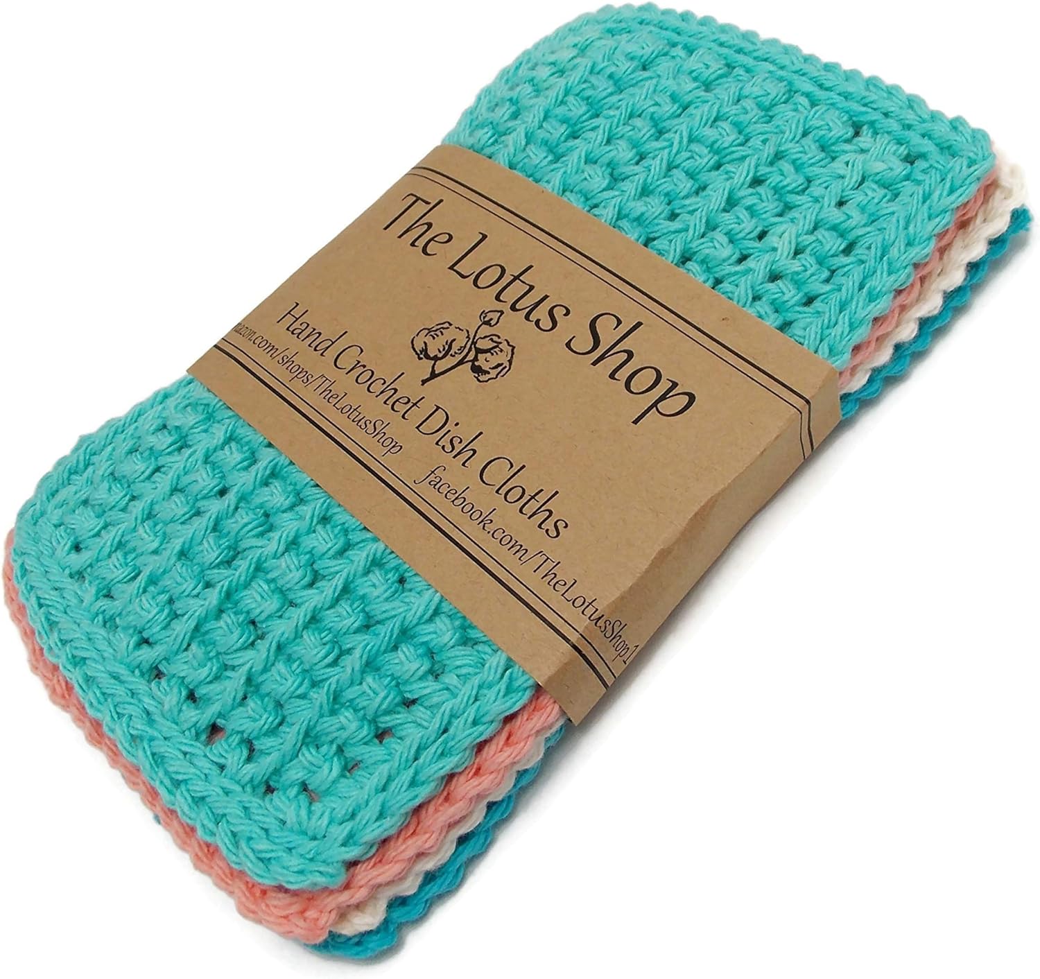 Coral and Aqua 4 inch x 7 inch Rectangular Cotton Dishcloths Set of 4 Lt. Coral Turquoise Ecru Aqua