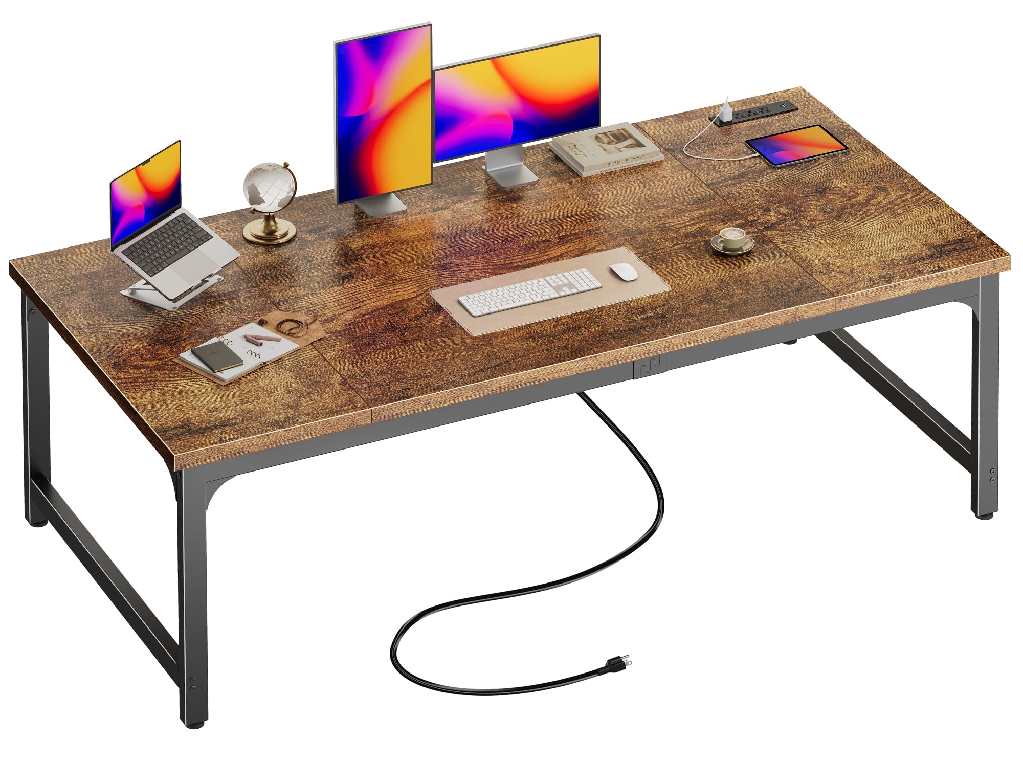 Huuger 63 x 31.5 inch Desk with Power Outlets & USB-C, 0.95 Inch Thicker Desktop, Robust Metal Tubes, Deep Computer Desk, Heavy Duty Office Desk, for