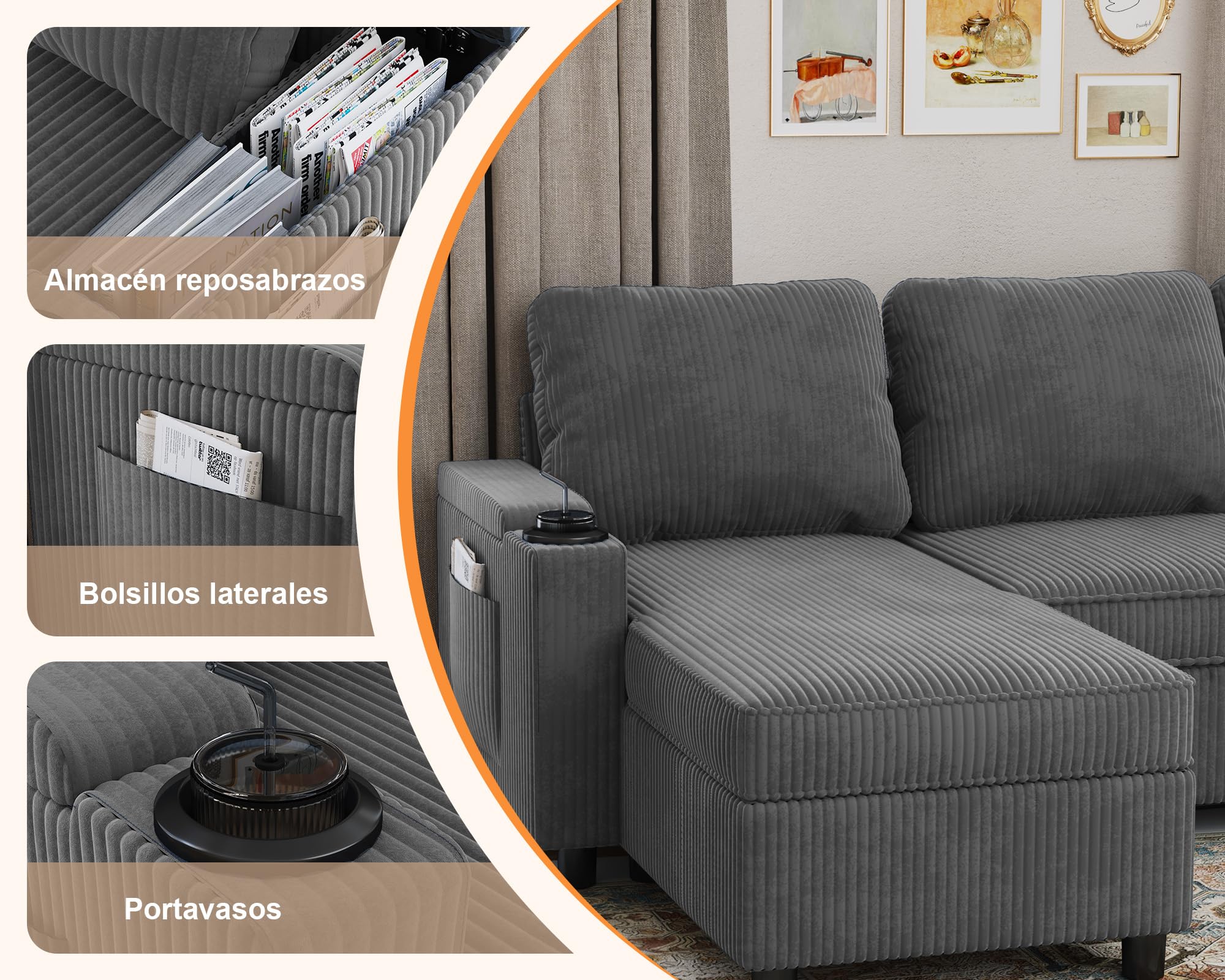 Devoko Sofá Cama Chaise Longue, Sofá de Salón Cheslong de 3 Plazas Convertible en Cama, con Almacenamiento Integrado y Portavasos, Sofá Chaise Longue en Forma de L con Tejido Suave Gris Oscuro