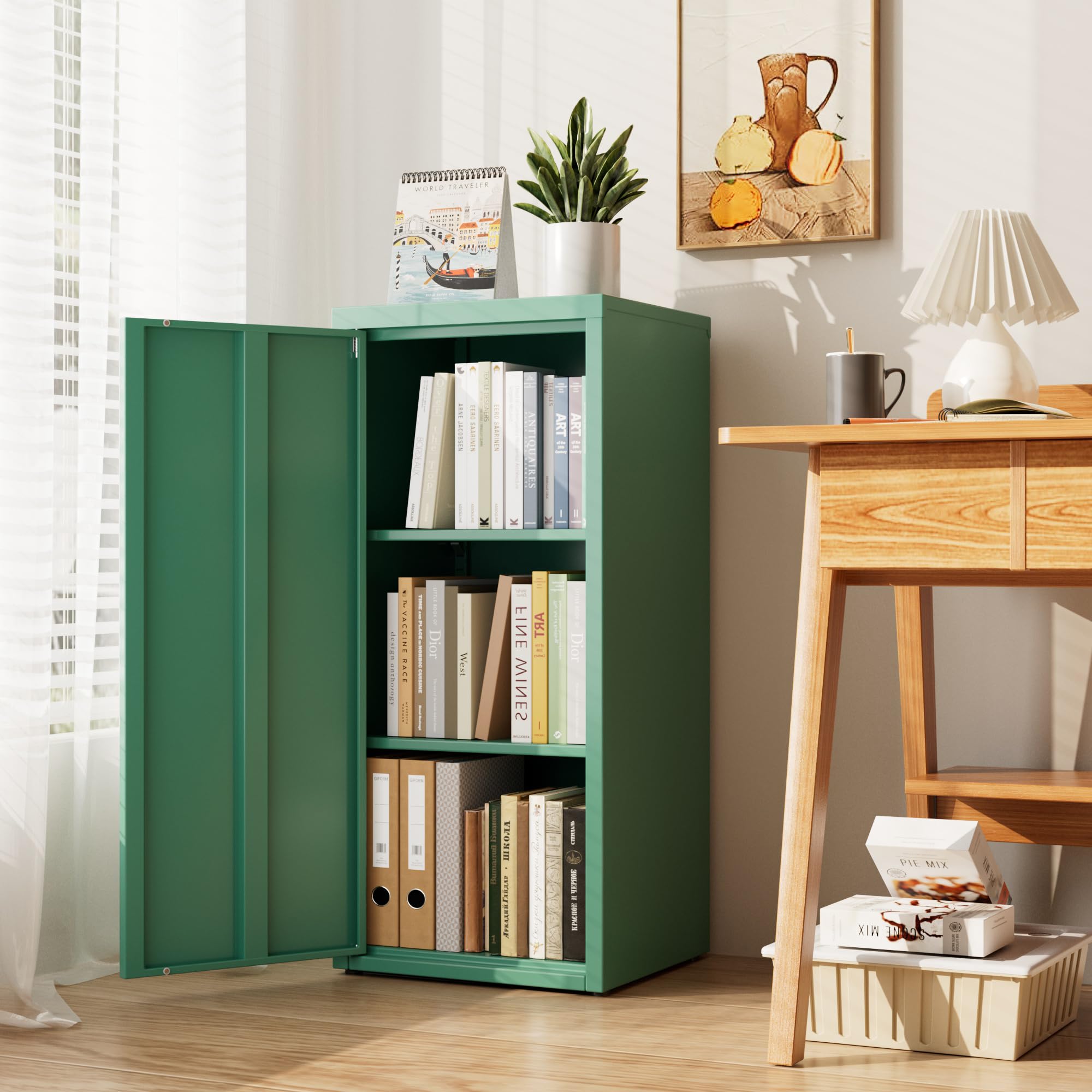 SUPEER Armadio in metallo per ufficio con porta singola, 88 x 40 x 35 cm, 2 ripiani regolabili in altezza, robusto armadietto in metallo per documenti, documenti e accessori da ufficio (verde)