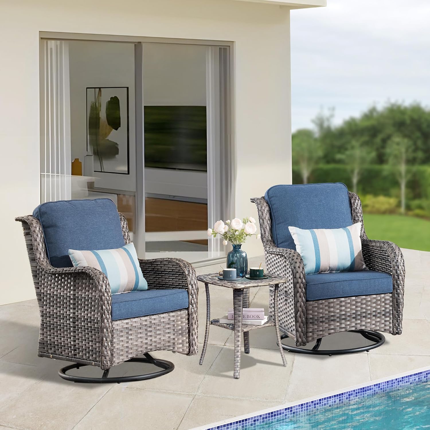 Outdoor Swivel Rocker Chair Set of 2,Wicker 3 Pieces All Weather Wicker Glider Rocker Set,Outdoor PE Rattan Swivel Rocking Chair with Side Table for Yard Balcony Deck Porch (Grey Rattan,Denim Blue)
