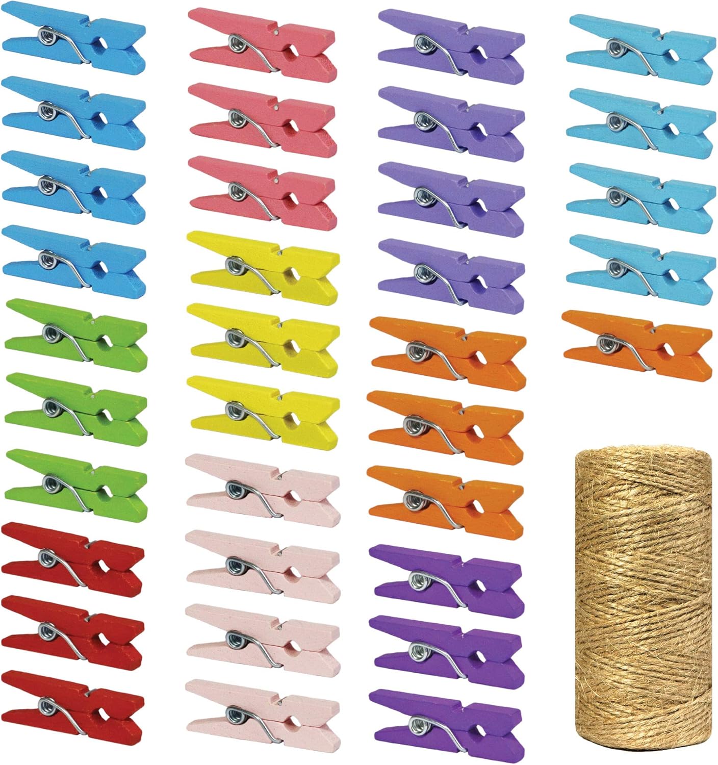 Mini Natural Wooden Clothespins with Jute Twine, 250pcs, 1