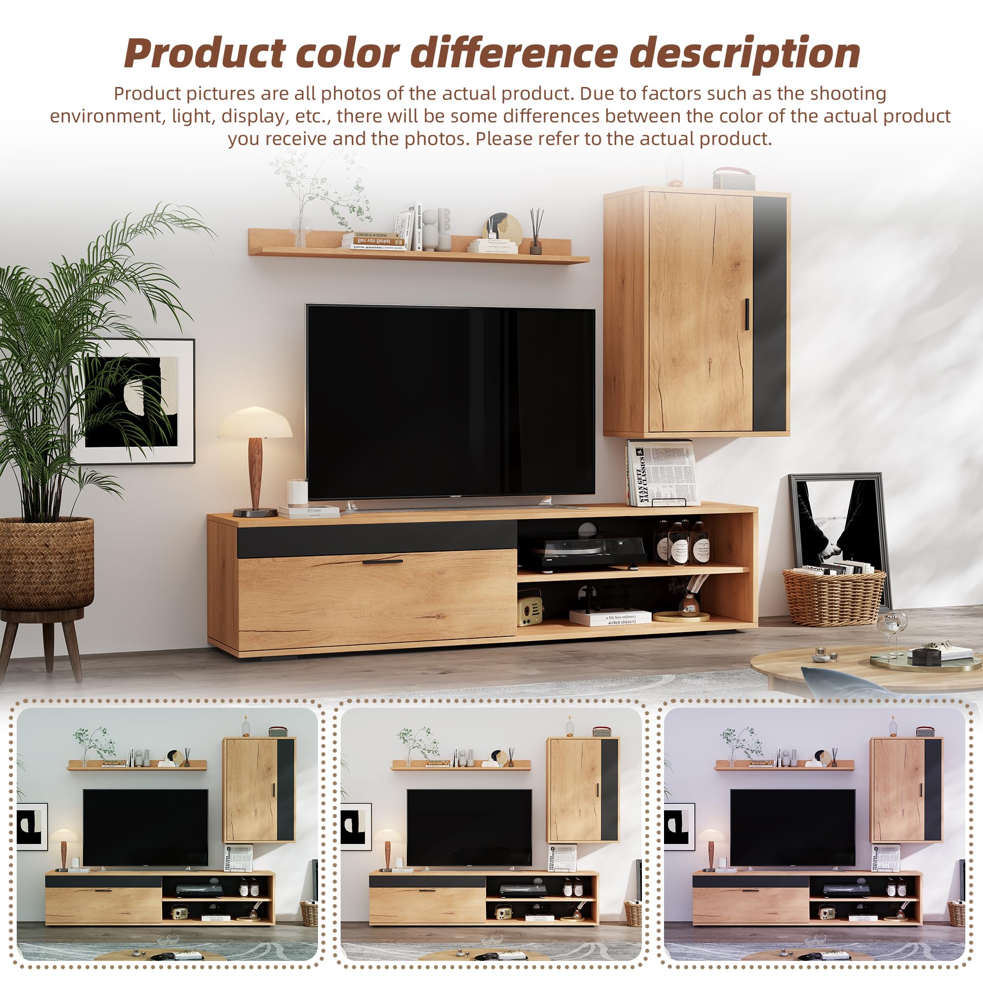 Juego de pared para TV (juego completo, 3 unidades), 140 x 35 x 39 cm, pared multimedia incluye mueble TV, estantería de pie y estantería de pared, juego de muebles de salón, moderno mueble de