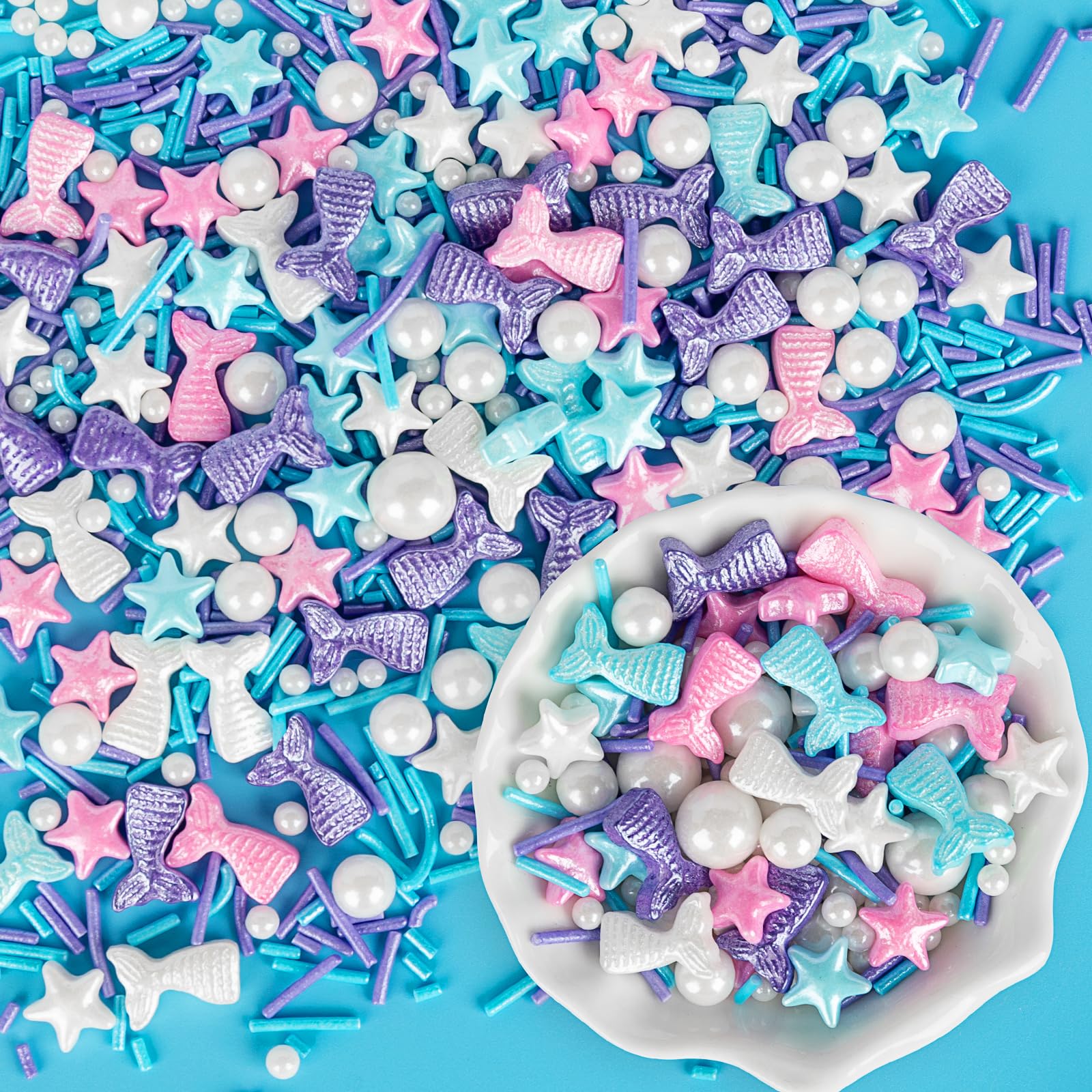 Mermaid Sprinkles,Edible Sugar Pearl Stars Jimmies Mix,130g/4.58oz,Pearl Candy Ocean Sprinkle for Cake Decorating,Summer Baking Fun Decorations,Perfect for Ice Cream,Cookies,Dessert,Donuts,Cupcake Topper,Birthday Children Party Supplies