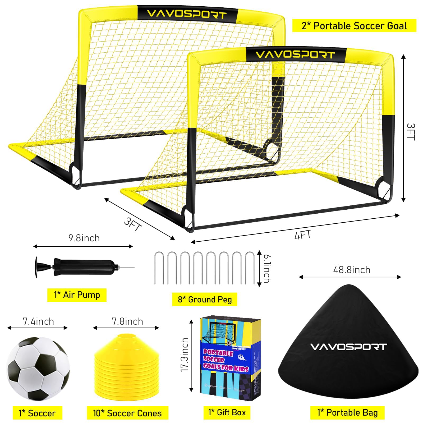 Kids Soccer Goal Set, 2 of 4x3 ft Soccer Goals for Backyard, Portable Pop Up Soccer Nets Training Equipment with Soccer Ball, Cones, Soccer Net for Family Kids Youth Outdoor Sports Games view 2