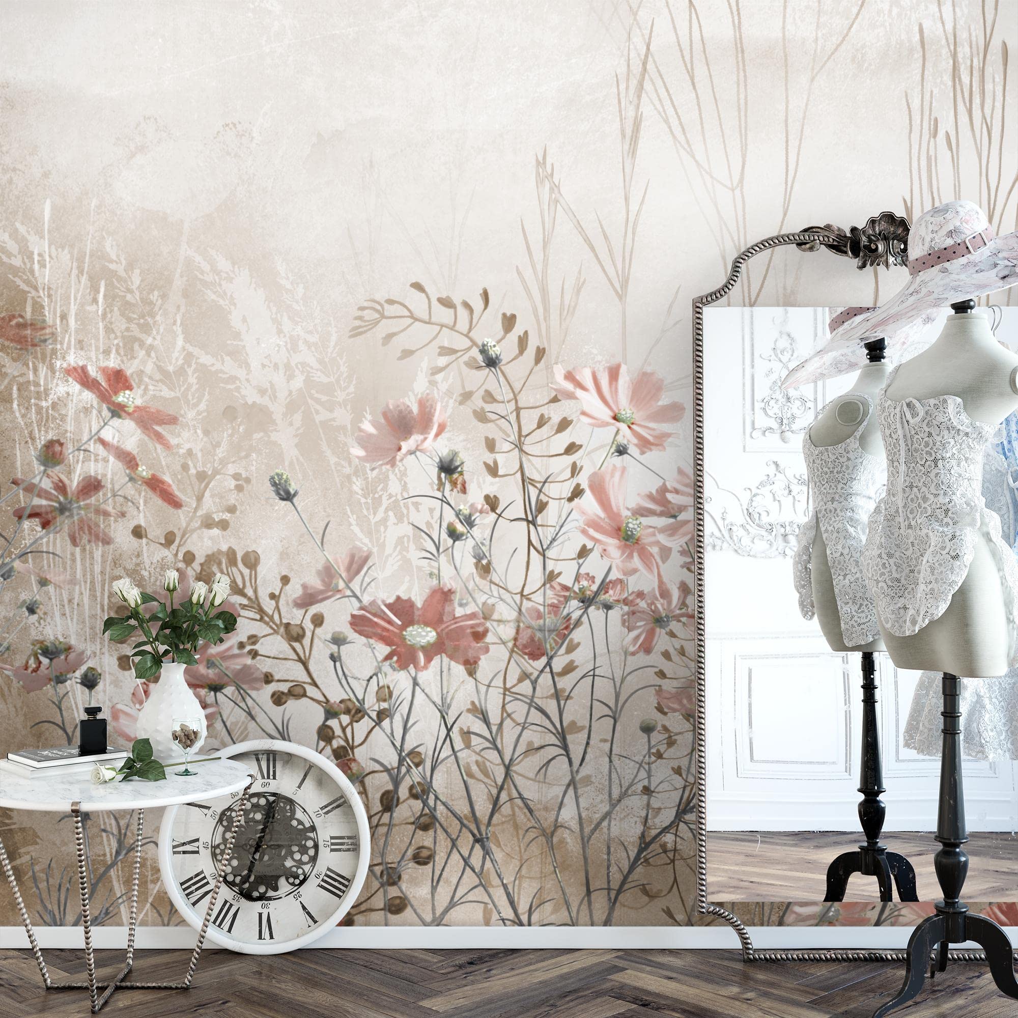 Runa Art Fototapete Blumenwiese Vintage 352 x 250 cm Vlies Tapeten XXL Moderne Wandtapete Wohnzimmer Schlafzimmer Beige 9564011a