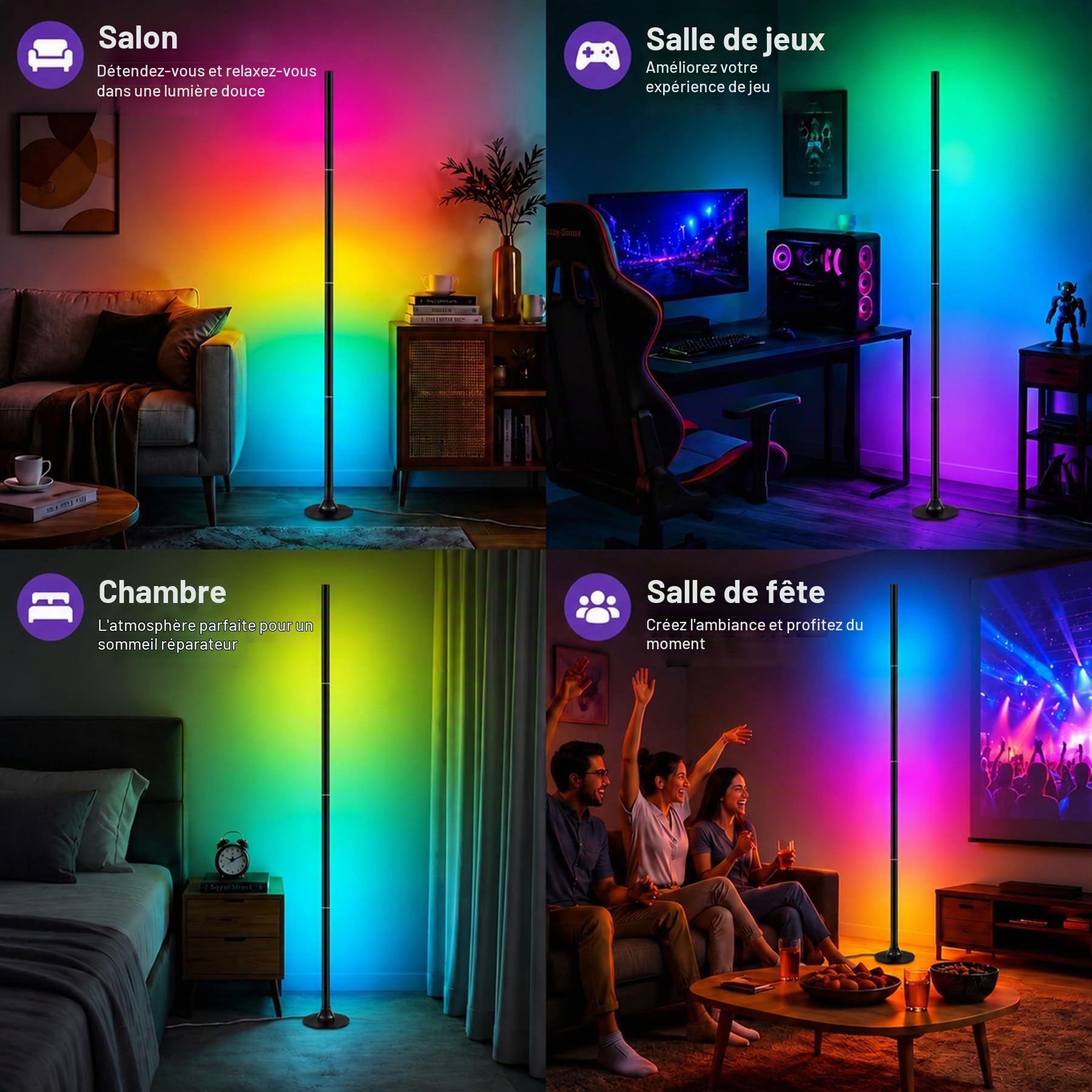 Lampadaire LED, lampe d'angle LED de 160 cm avec application et télécommande, synchronisation musicale, lampe intelligente 16 millions de couleurs pour salon, chambre et gaming-(Lot de 2)