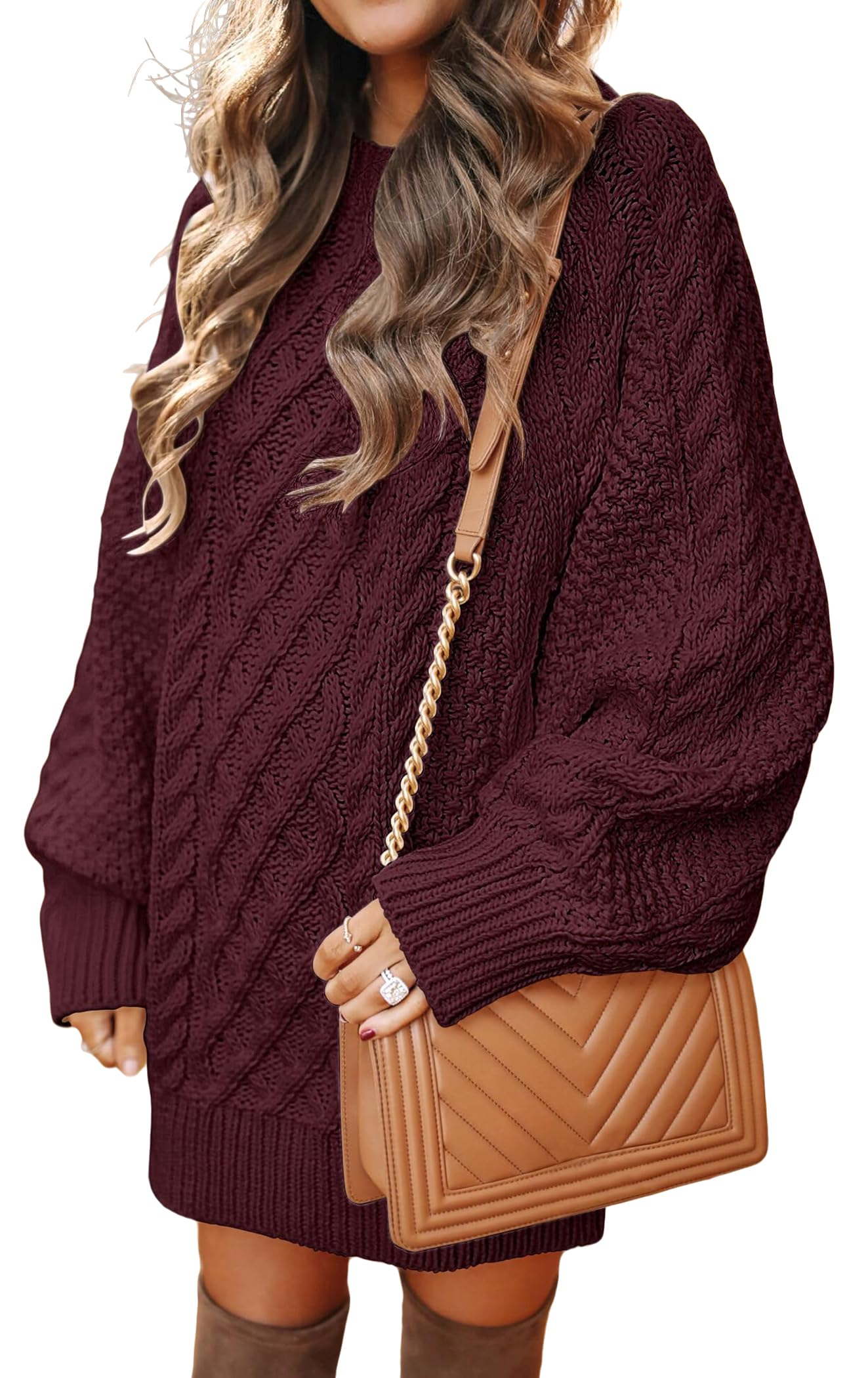 ELFIN Strickkleid Damen Oversized Puffärmel Pulloverkleid Winterkleid Langarm Strickpullover Grobstrick Langer Pullover Mini Kleider