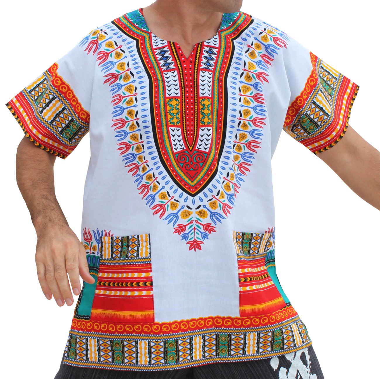 RaanPahMuang Brand Unisex Bright African White Dashiki Cotton Shirt