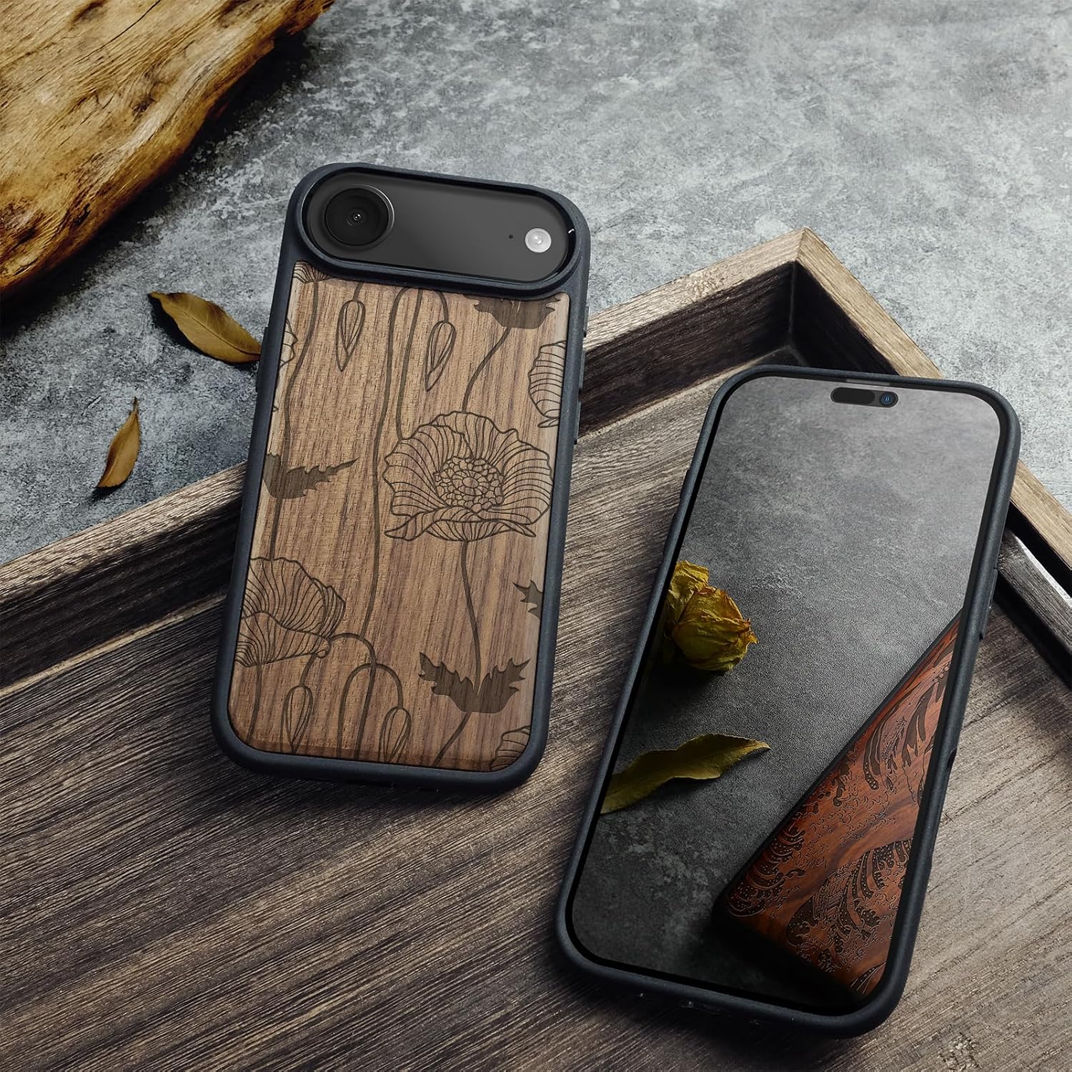 Carveit Magnetic Wooden Case for iPhone Air Case, Wood Artisan Engraved & Soft TPU Shockproof Cover, Compatible with MagSafe 17 Air Wireless Chargers (Floral Grace and Artistic Flourish) Walnut