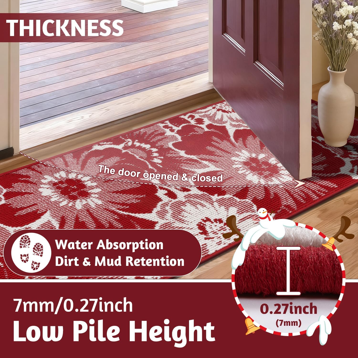 Findosom Christmas Runner Rug 2x8, Non Slip High-Low Textured Floral Washable Runner Rug with Rubber Backing, Boho Carpet Runners for Hallway, Kitchen, Entryway, Bedroom, Laundry & Holiday Decor, Red - Image 5