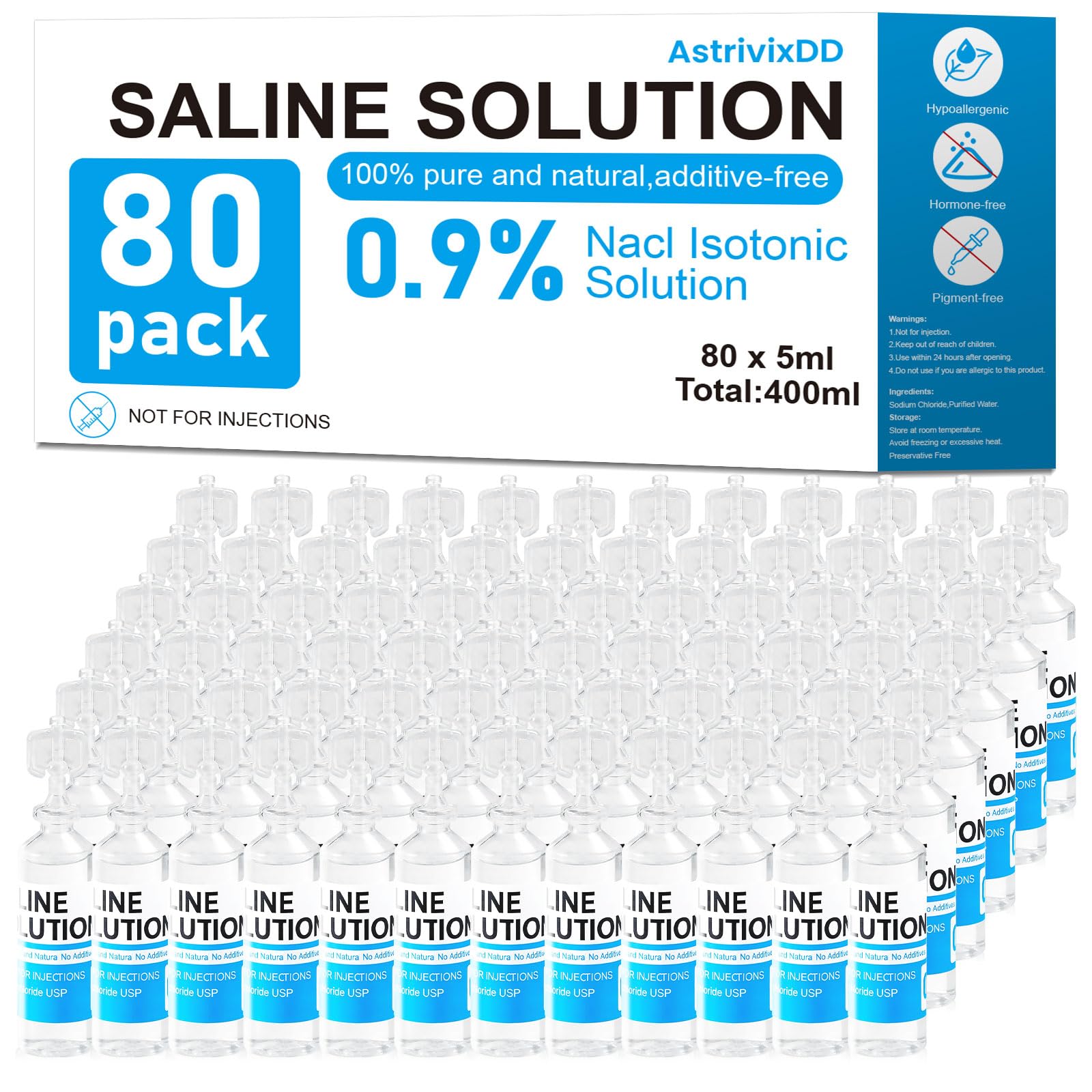 80 Pack 0.9% Saline Solution, Normal Solution for All Ages, Total 400ml