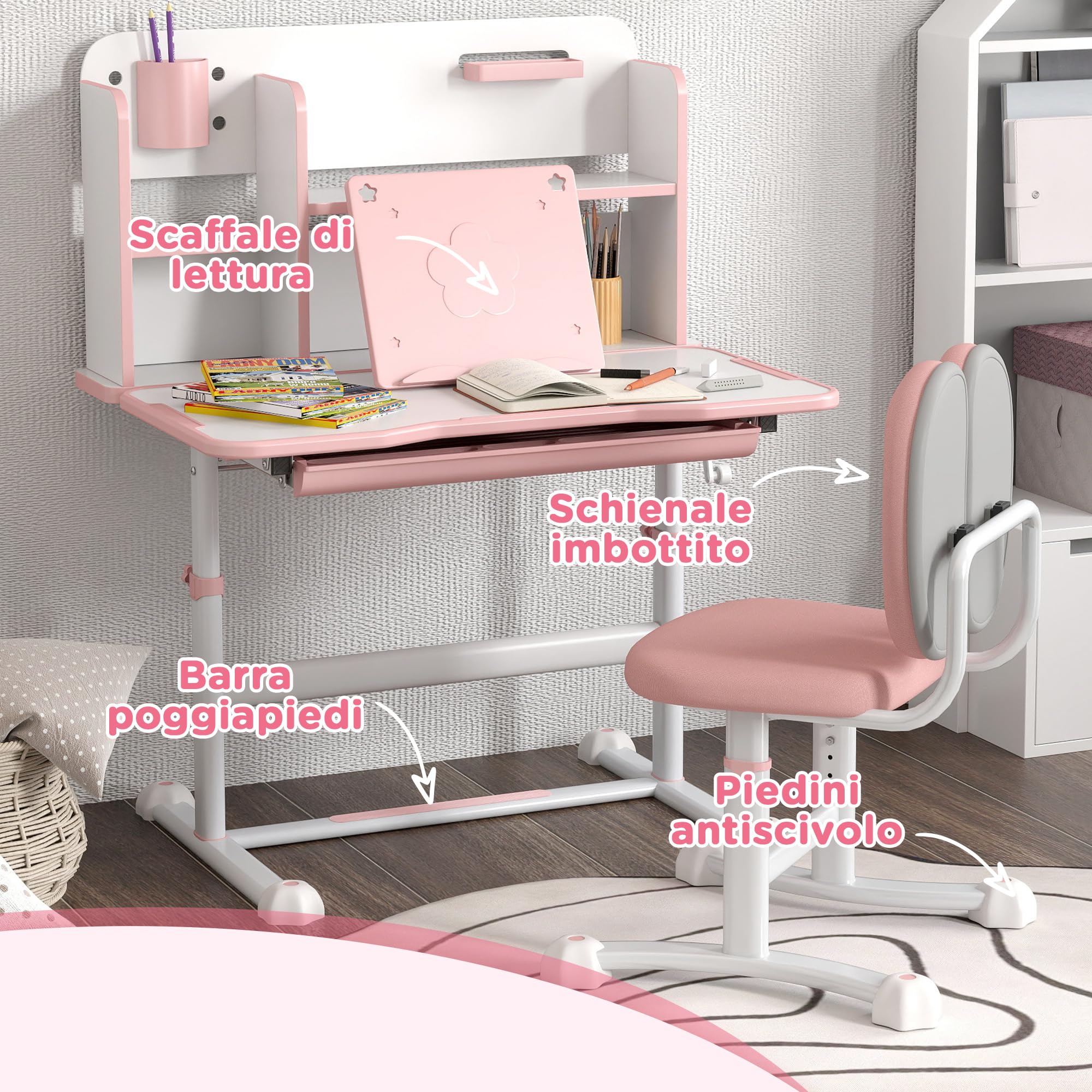 AIYAPLAY Set Scrivania e Sedia per Bambini 3-12 Anni Regolabili in Altezza, Banco Scuola con Piano Inclinabile 45°, Cassetto, Scaffale, Portapenne e Leggio, in Acciaio e MDF, Rosa