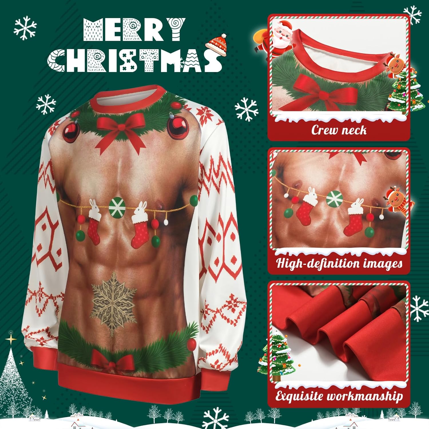 Ugly Christmas Sweatshirt Men Women Funny Family Christmas Sweatshirt Funny Abs Pattern Print Pullover Xmas Top - Image 2