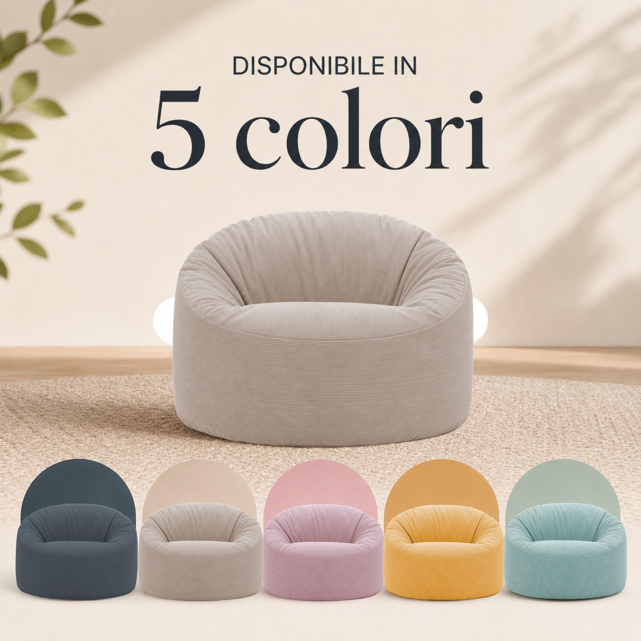 bananair - Pouf Poltrona Sacco in Velluto a Coste - Morbido e Confortevole - Imbottitura in Schiuma, Ottimo Supporto per la Schiena - Pouf Divano Gigante (100 cm, Beige)