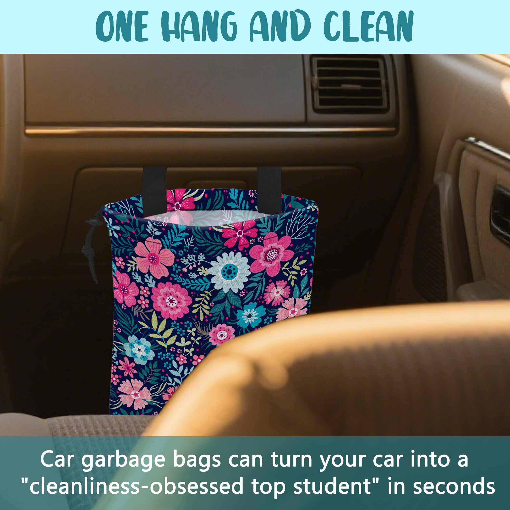 Pykfrhh Waterproof Car Trash Bag - Hanging Back Seat Organizer, Eucalyptus Leaf Print, Reusable Garbage Can