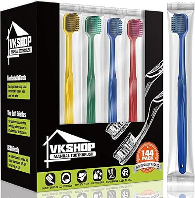 VKshop 144 Bulk Disposable Toothbrushes, Individually Wrapped Travel Toothbrush Set for Adults Kids, Extra Soft Manual Toothbrushes Set (4 Colors)