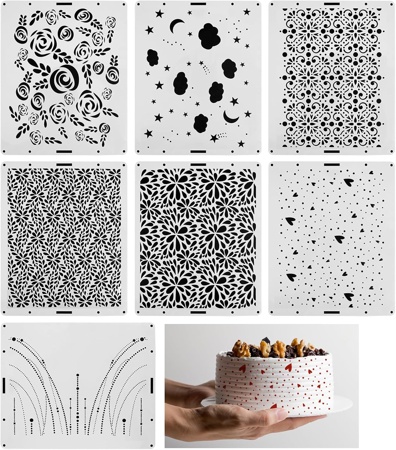 7Pcs Cake Stencils Decorating Buttercream Embossing Tool, Hollow Cake