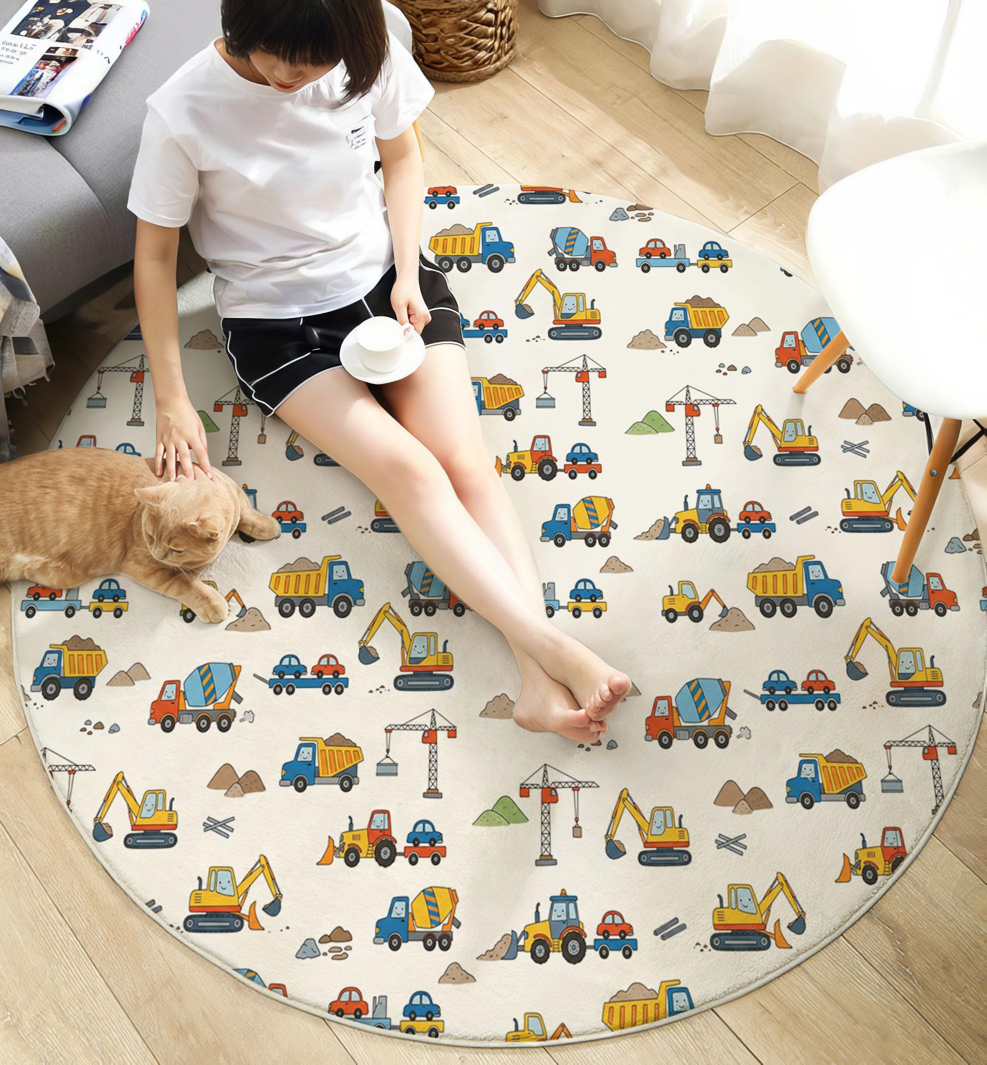 Tappeto Rotondo Bambini Veicolo Costruzione Cartoni Animati Tappeto a Pelo Corto Escavatori Autobetoniere Antiscivolo, Lavabile per Salotto, Cameretta dei Bambini, Dimensione: 100cm, Bianco