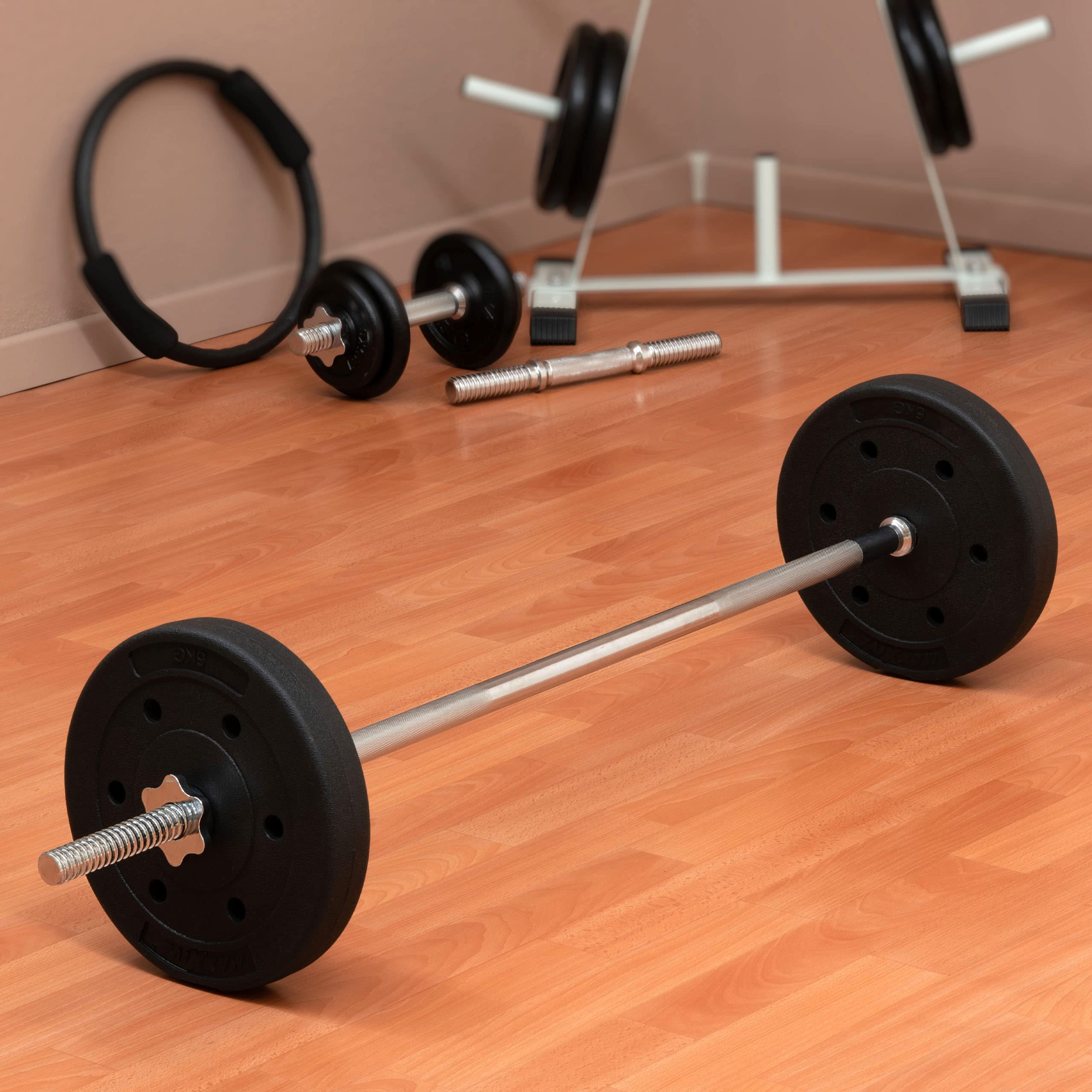 Langhantel-Set Zement 30 kg 4 Gewichtsscheiben Sternverschlüsse Hantelset für Kraftsport Muskelaufbau Workouts Bodybuilding Reha Schraubverschlüsse