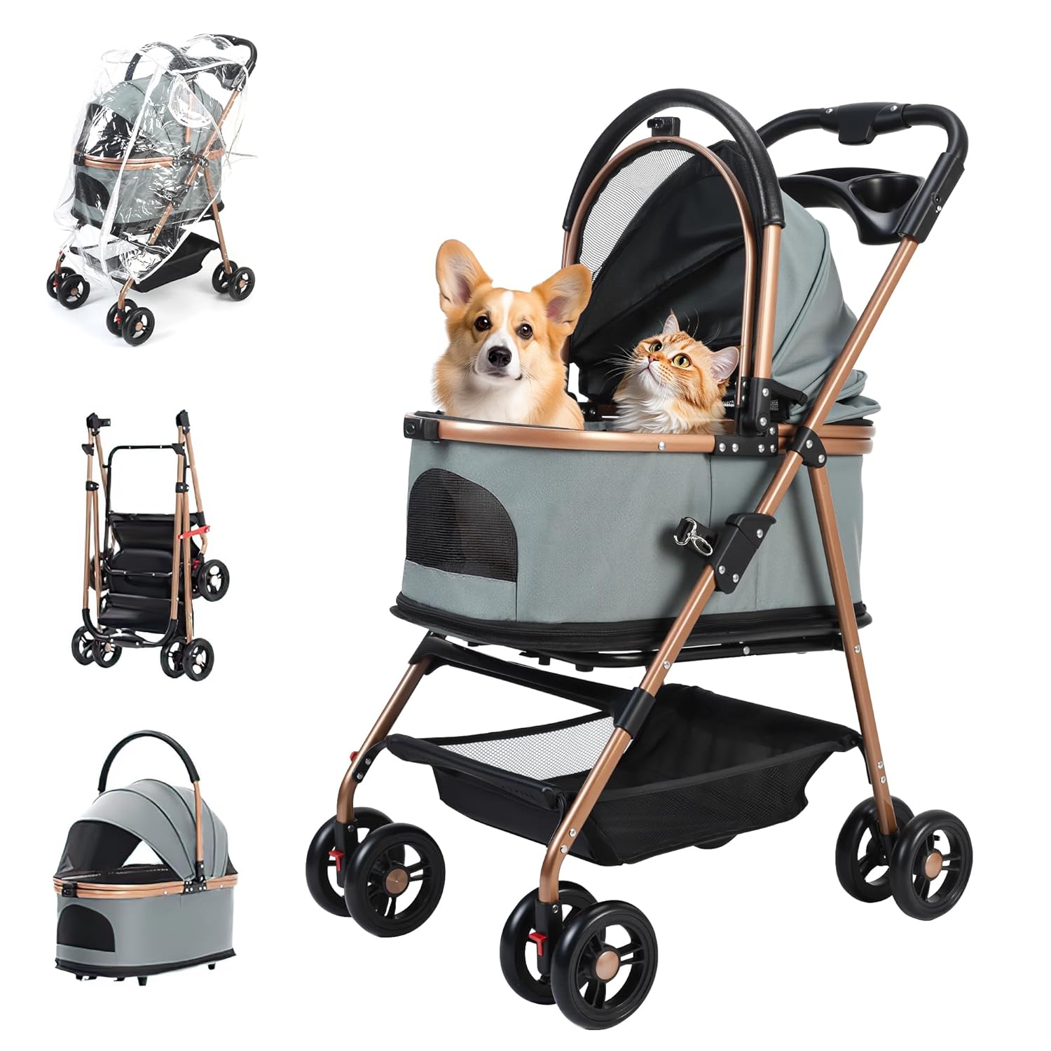 pet Stroller with Removable Carrier cat Dog Stroller with Aluminum Alloy Frame and 900D Oxford Fabric, Featuring one-Touch Folding,Includes rain Cover,for Travel, Walking,Shopping (Grey)