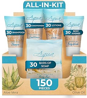 Aqua Organics Hotel Soaps & Toiletries Bulk Set | 1-Shoppe Amenities Kit | 1oz Shampoo & Conditioner, Body Wash, Lotion, 1oz Bar Soap | Travel Size | 150 Pieces