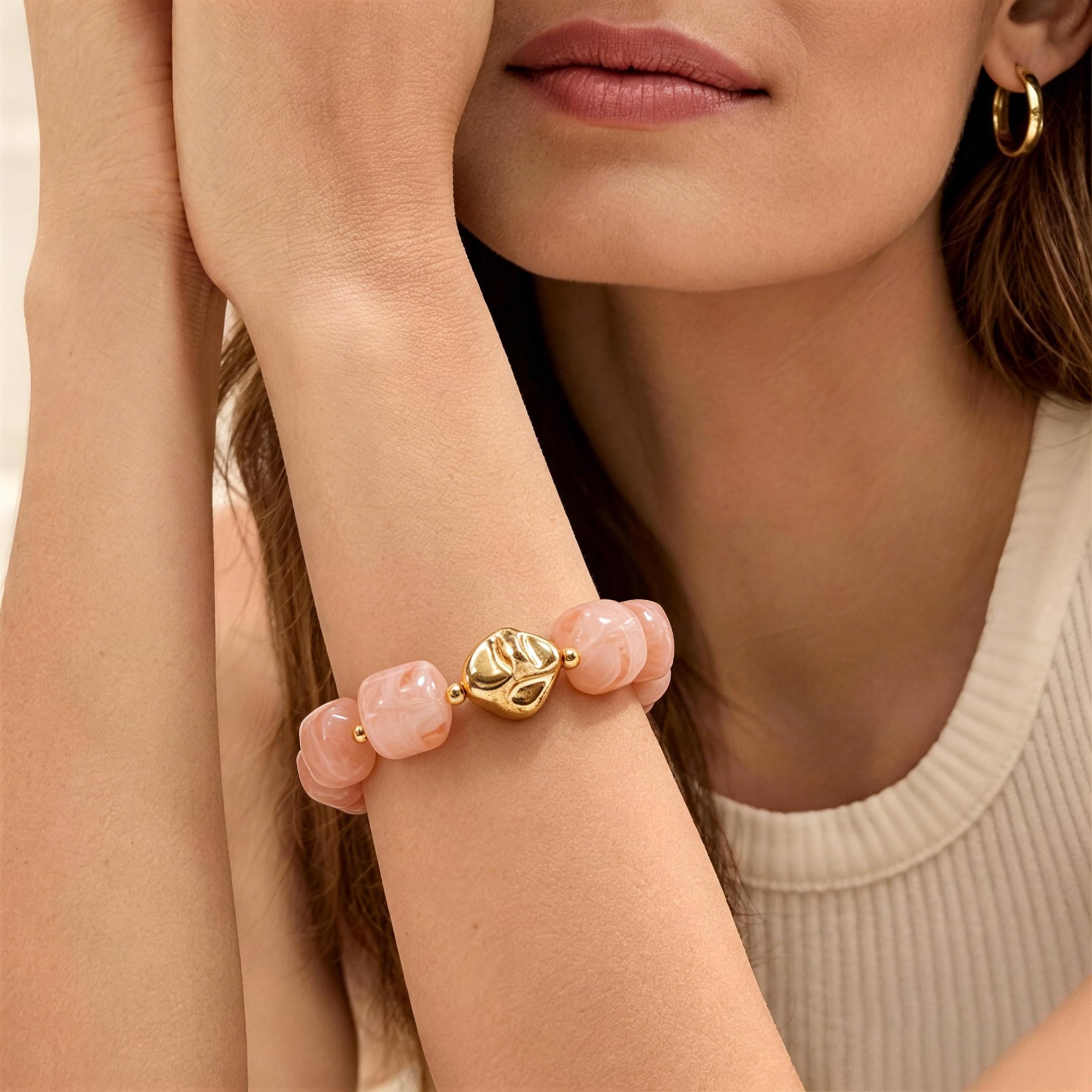 Braccialetto con perline grosse da donna, multicolore, con grandi perline in resina acrilica, elastico e allungabile, braccialetti alla moda e di tendenza, gioielli boho per vacanze estive al mare.